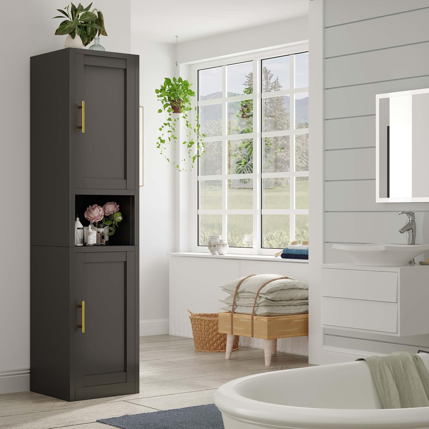 pozdeg 67" Tall Narrow White Metal Storage Cabinet | 2 Doors, 4 Adjustable Shelves, Freestanding Slim Pantry Organizer for Bathroom Kitchen Living Room