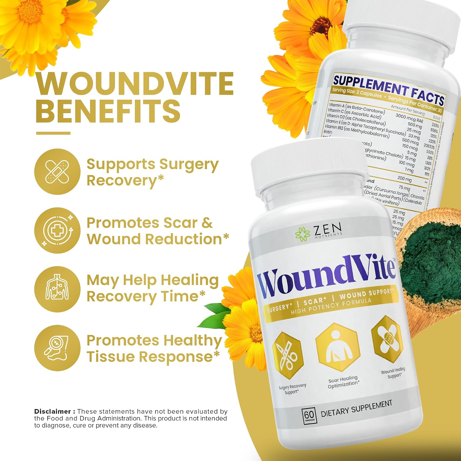 Zen Nutrients WoundVite Pre & Post Surgery Support, Scar & Wound Care, Scar Treatment, Plastic & General Surgery