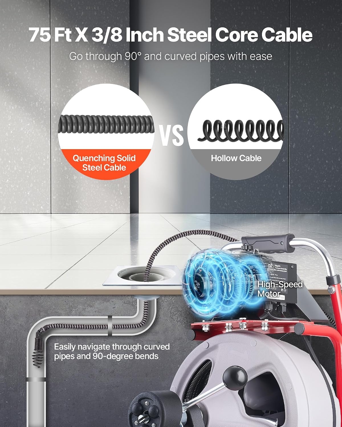 VEVOR Drain Cleaner Machine 100 FT x 1/2 Inch, Auto Feed Sewer Snake Drain Auger on Wheels, Portable Drain Cleaning Machine with 8 Cutters & Air-Activated Foot Switch for 2" to 6" Pipes