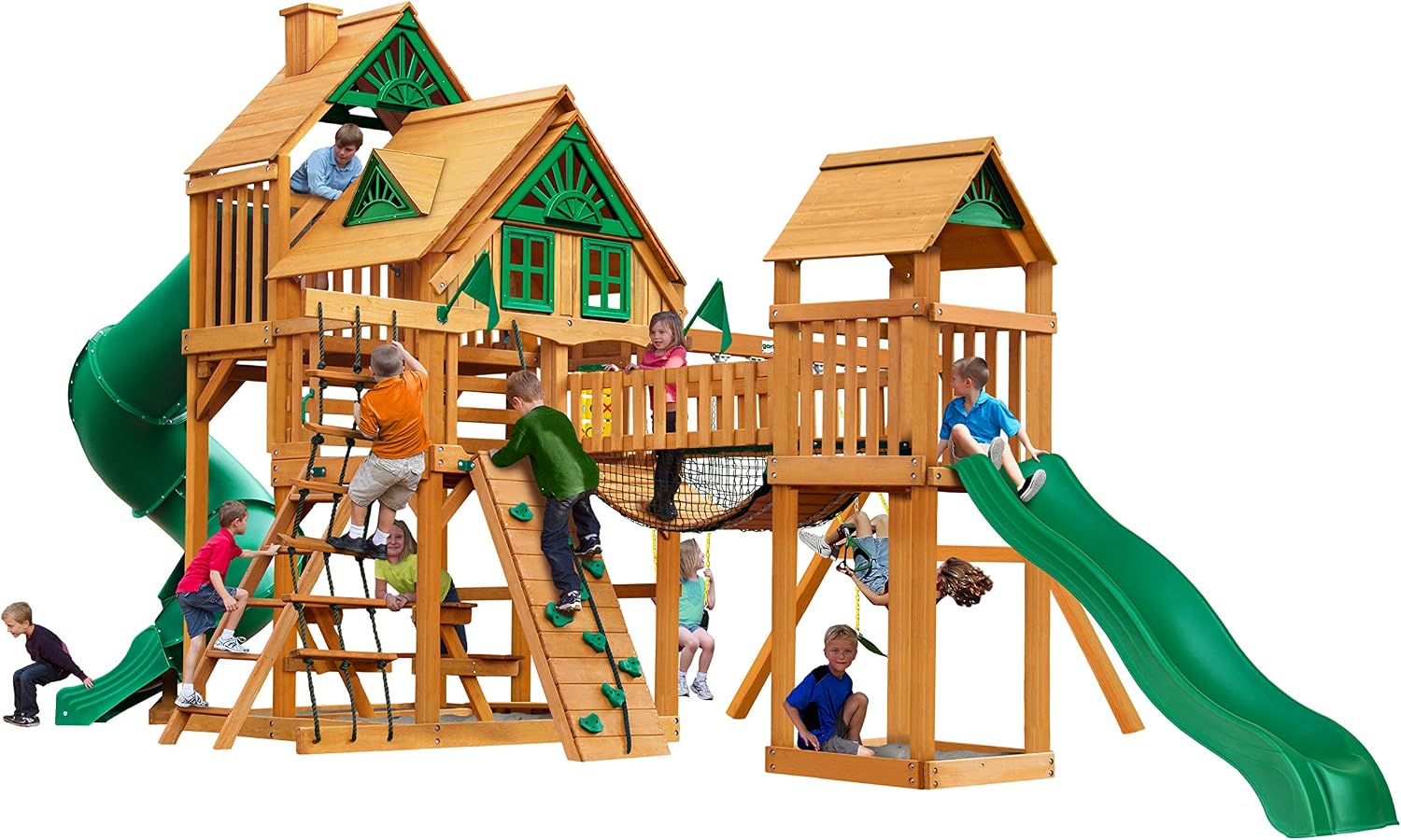 Gorilla Playsets 01-1037-AP Treasure Trove Treehouse Wood Swing Set with Tube Slide, Built-in Sandbox Area, and Clatter Bridge, Amber