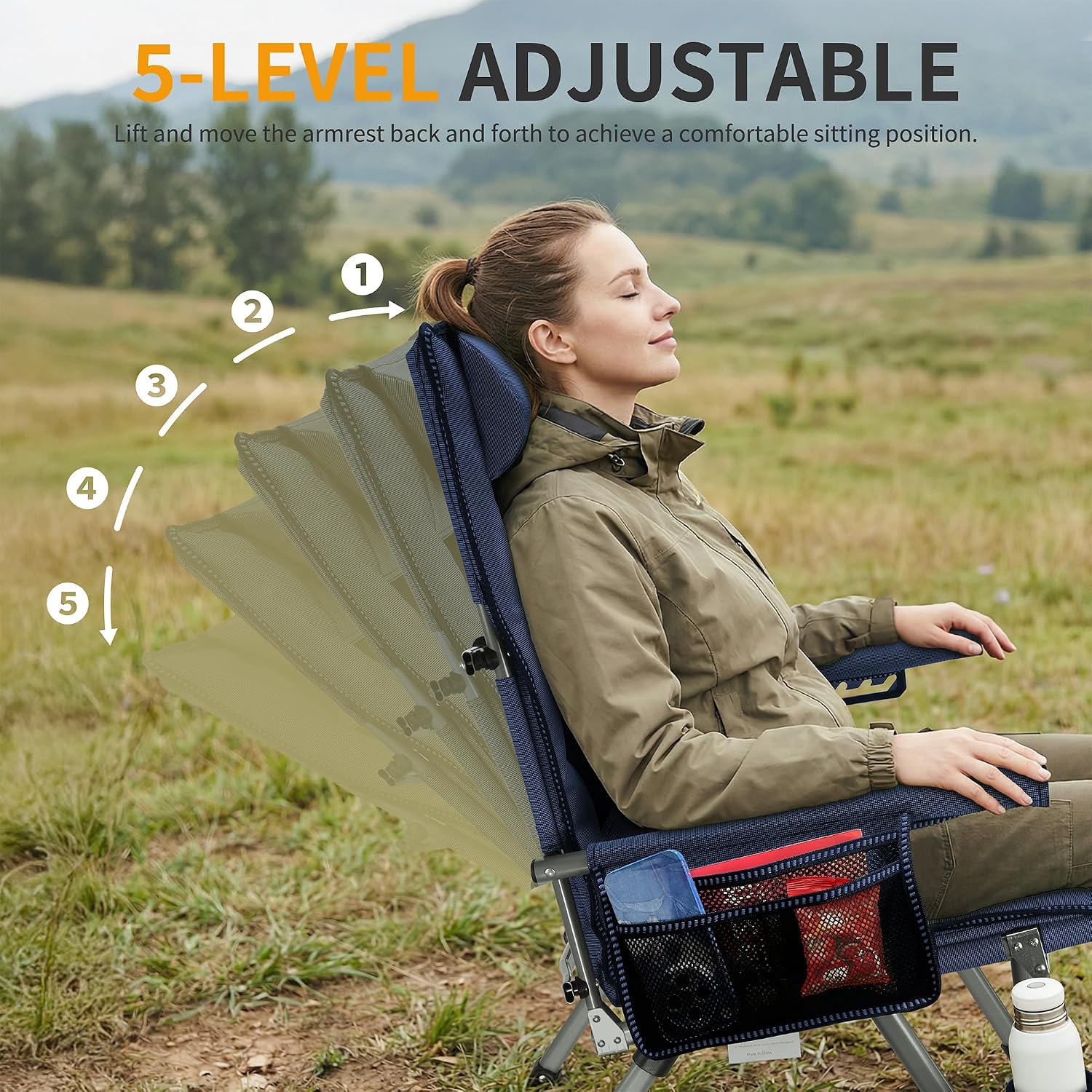 Adjustable Back Folding Camping Chair for Camp, Picnic, Lawn, Fishing | Adjustable Back; Weight Capacity 400 LBS;Hard Arm Portable Chair;Cup Holder;Storage Bag;carrying bag