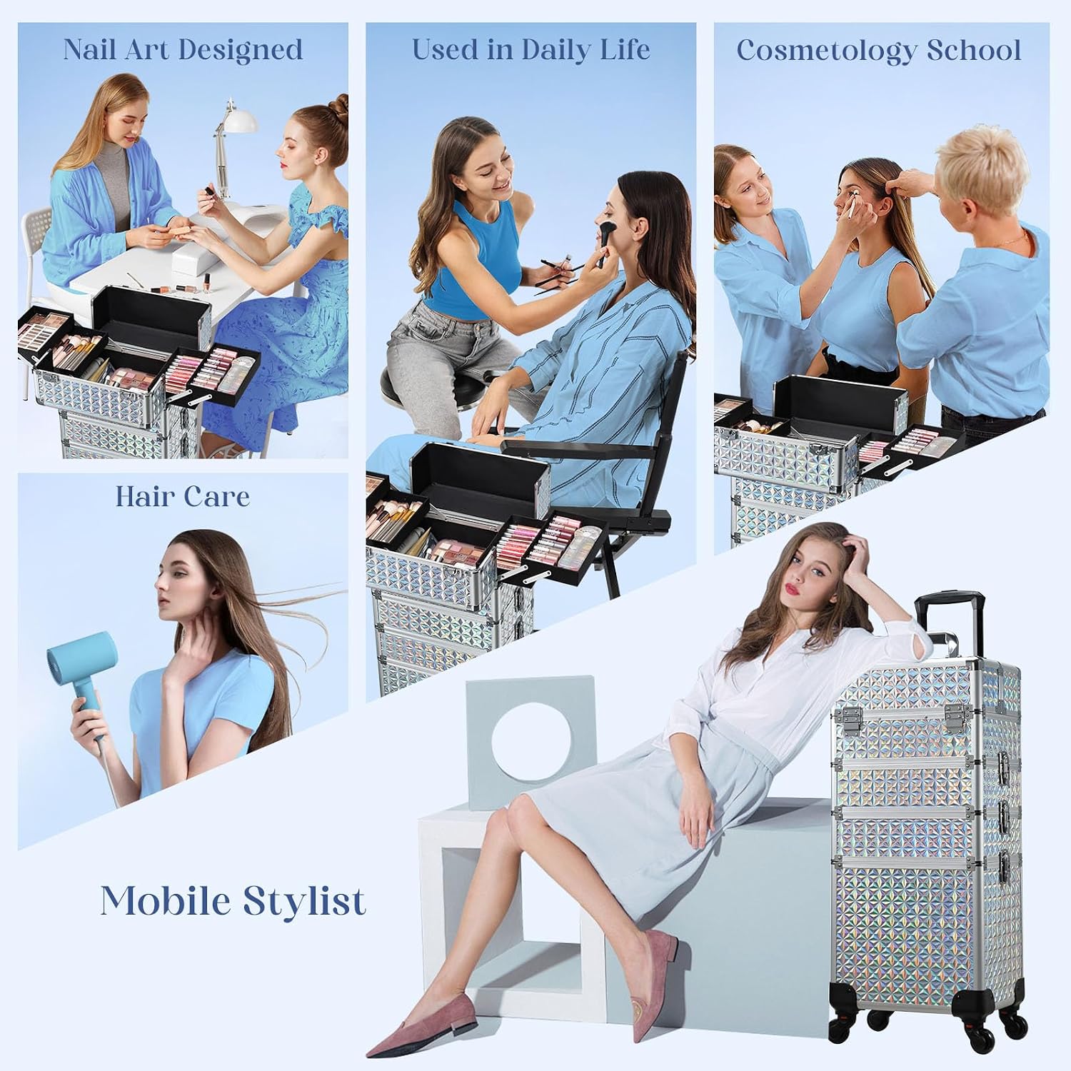Stagiant Rolling Makeup Case Cosmetology Case on Wheels 4 in 1 Large Cosmetic Organizer Train Case Makeup Travel Case with Key Swivel Wheels Nail