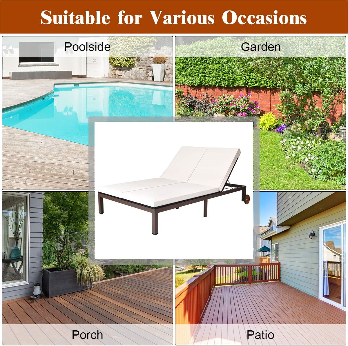 Tangkula 2-Person Patio Lounge Chair, Outdoor Rattan Double Wicker Daybed Chaise with Adjustable Backrest Wheels & Cushion