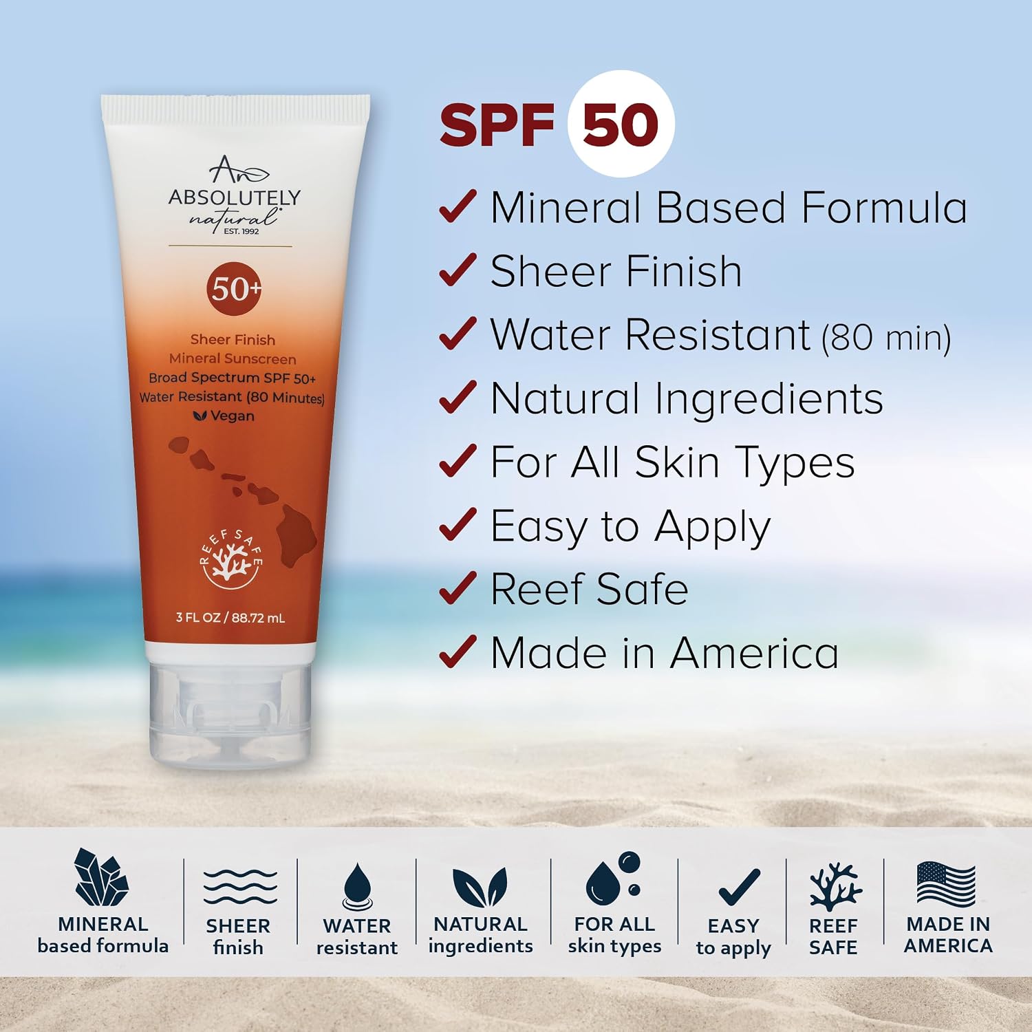 Absolutely Natural - SPF 15 Mineral Sunscreen - Broad Spectrum Water Resistant Moisturizer Lotion For Body & Face - With Non-Nano Zinc Oxide, Vitamin E, & Antioxidants - Made in USA, 3 Oz