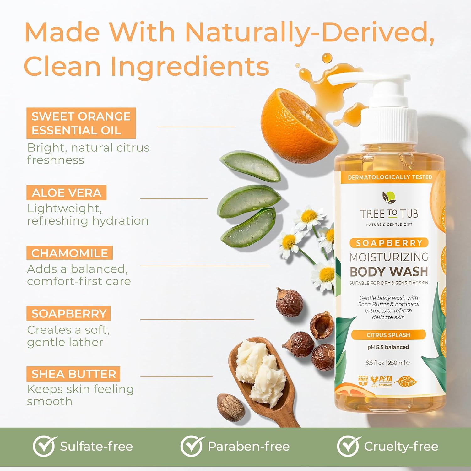 Tree To Tub Soapberry Body Wash for Dry, Sensitive Skin, pH 5.5, 8.5 Fl Oz | Sulfate & Paraben-Free, Rich Lather, Fragrance-Free, Shea Butter & Aloe Vera, Vegan & Cruelty-Free, Gentle for Daily Use