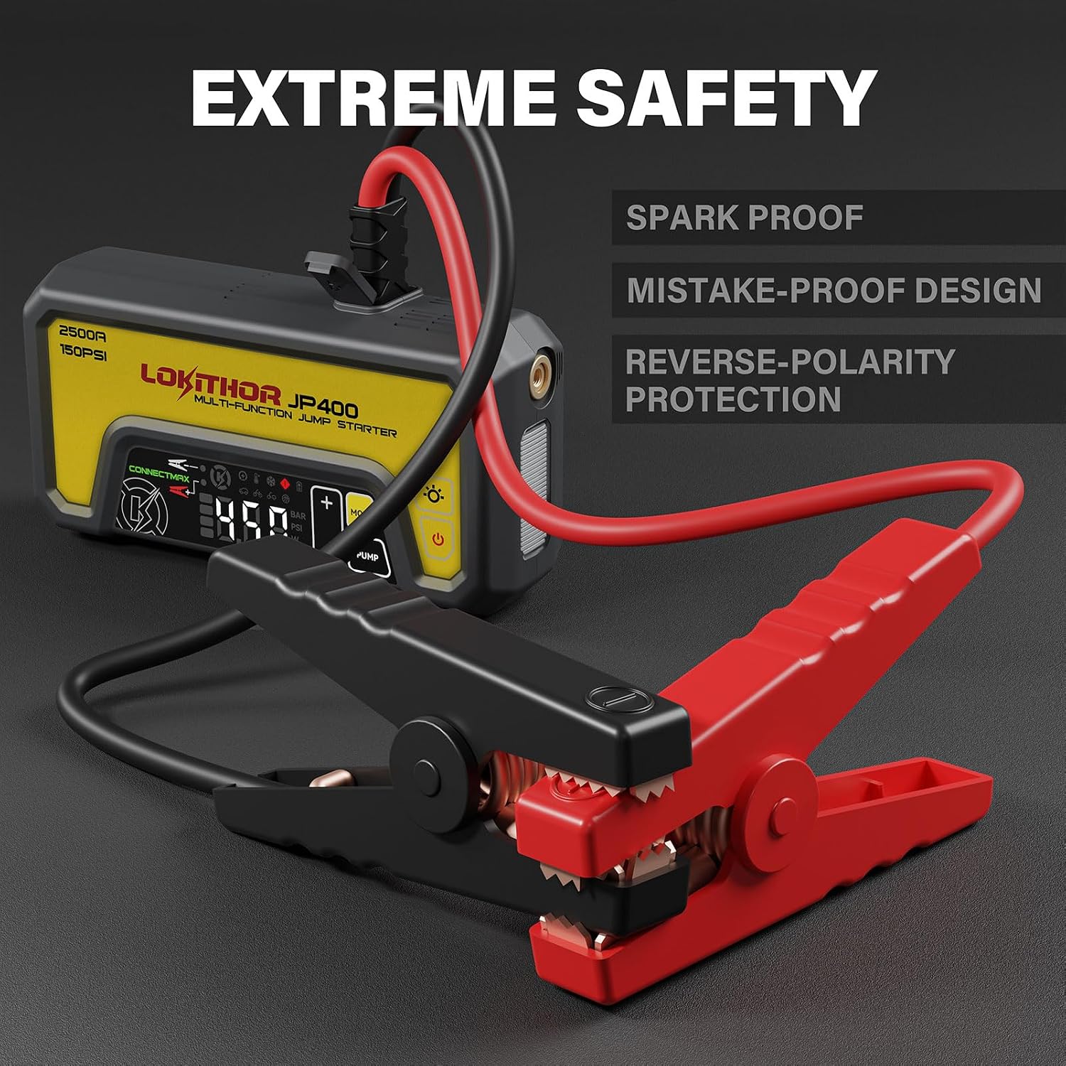 LOKITHOR JP400 Jump Starter with Air Compressor for 8.5L Gas/6.5L Diesel | 2500A 12V Portable Jumper Starter for Car, 150PSI Tire Inflator, 300 Lumen LED Light, Power Bank, ConnectMax, Jumper Cables