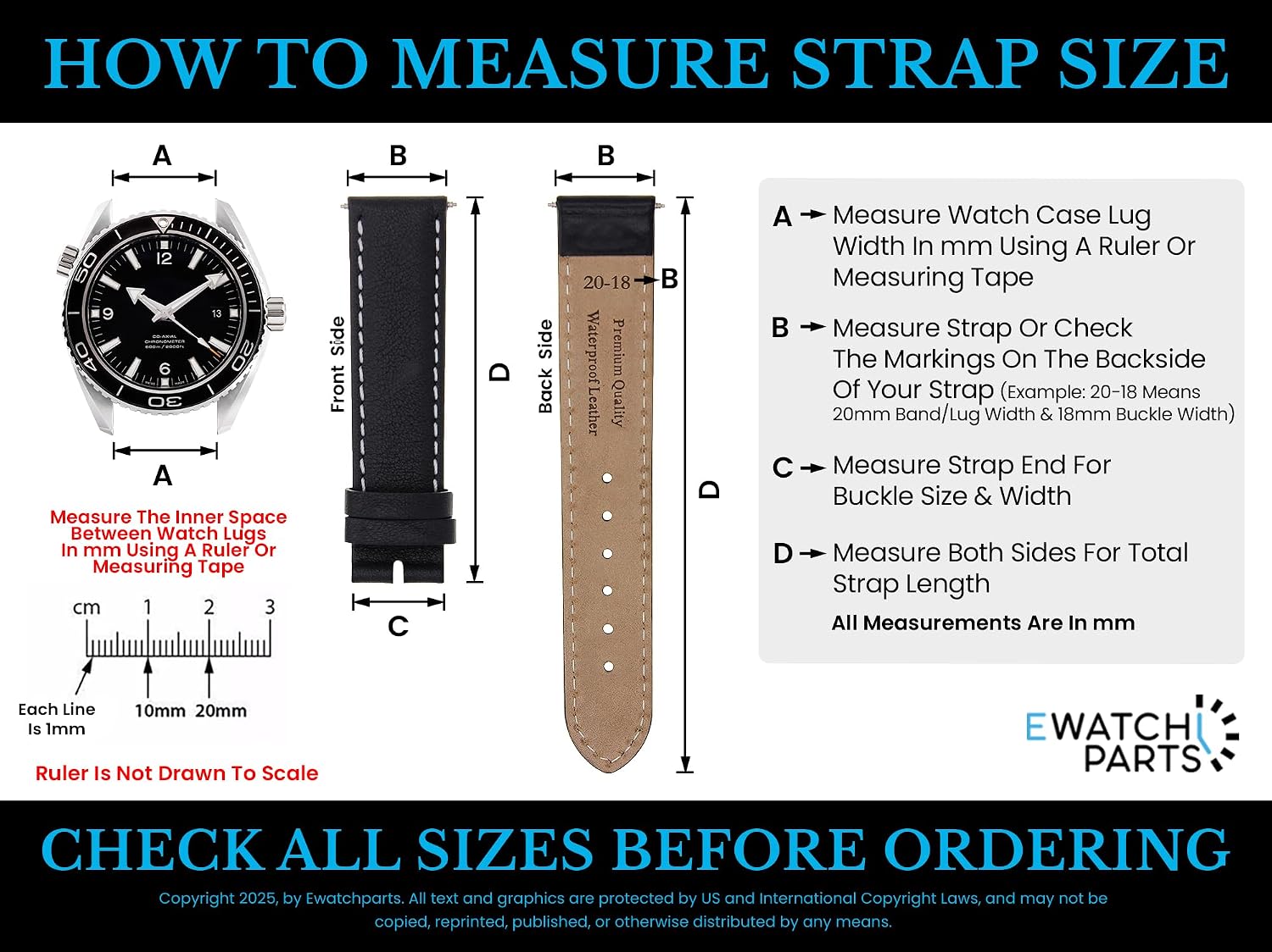 Ewatchparts 19mm Black With White Stitching Leather Watch Band Replacement Watch Strap Silver Buckle Compatible With Invicta Russian