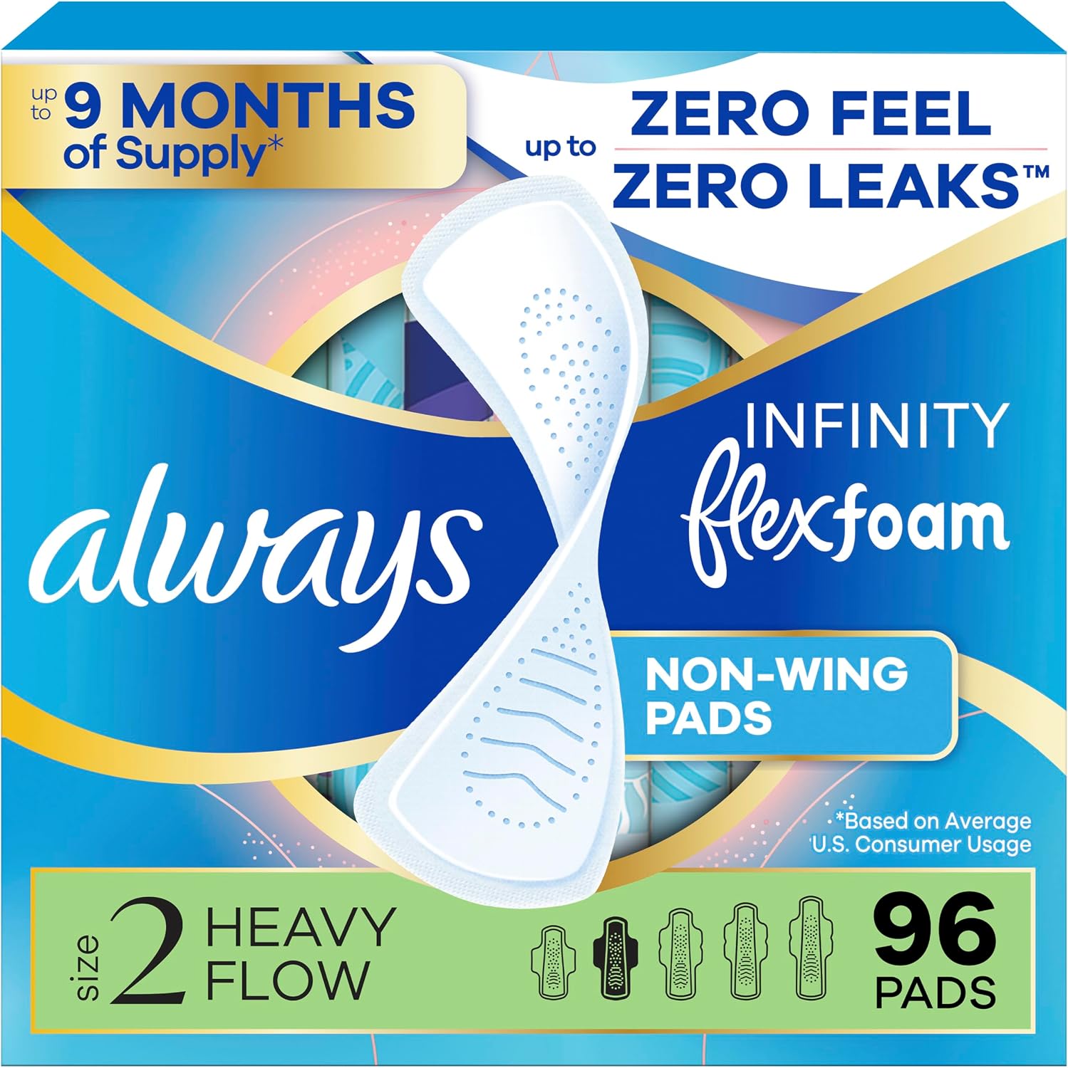 Always Infinity Feminine Pads for Women, Size 2 Heavy Flow Absorbency,with Flexfoam, with Wings, Unscented, 32 Count