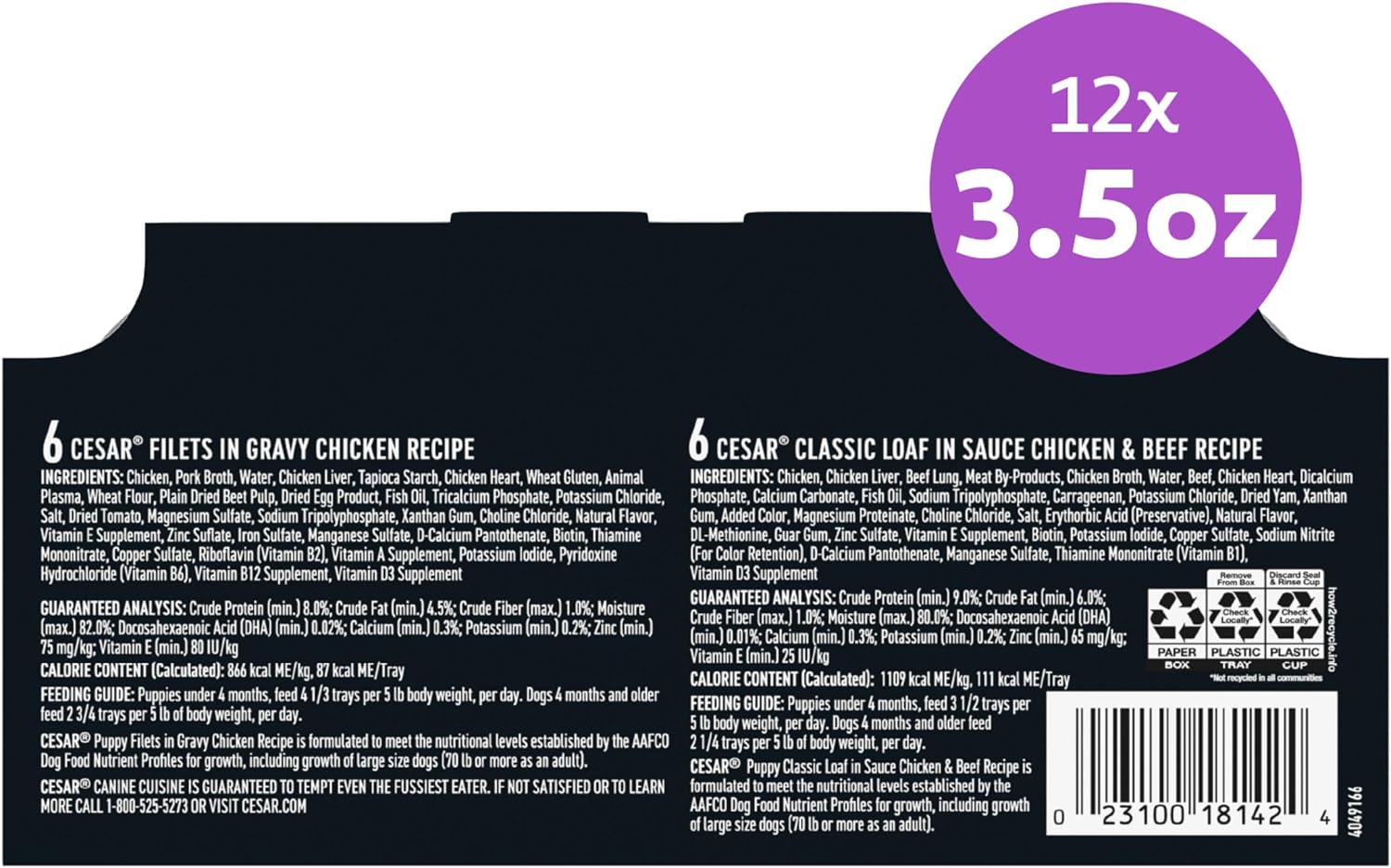 Cesar Classic Loaf Wet Dog Food, Meaty Selects, 3.5 oz, 12 Count, 2-Pack | Made in USA, Filet Mignon & Porterhouse Steak flavors, real beef #1 ingredient, no artificial flavors, easy peel trays