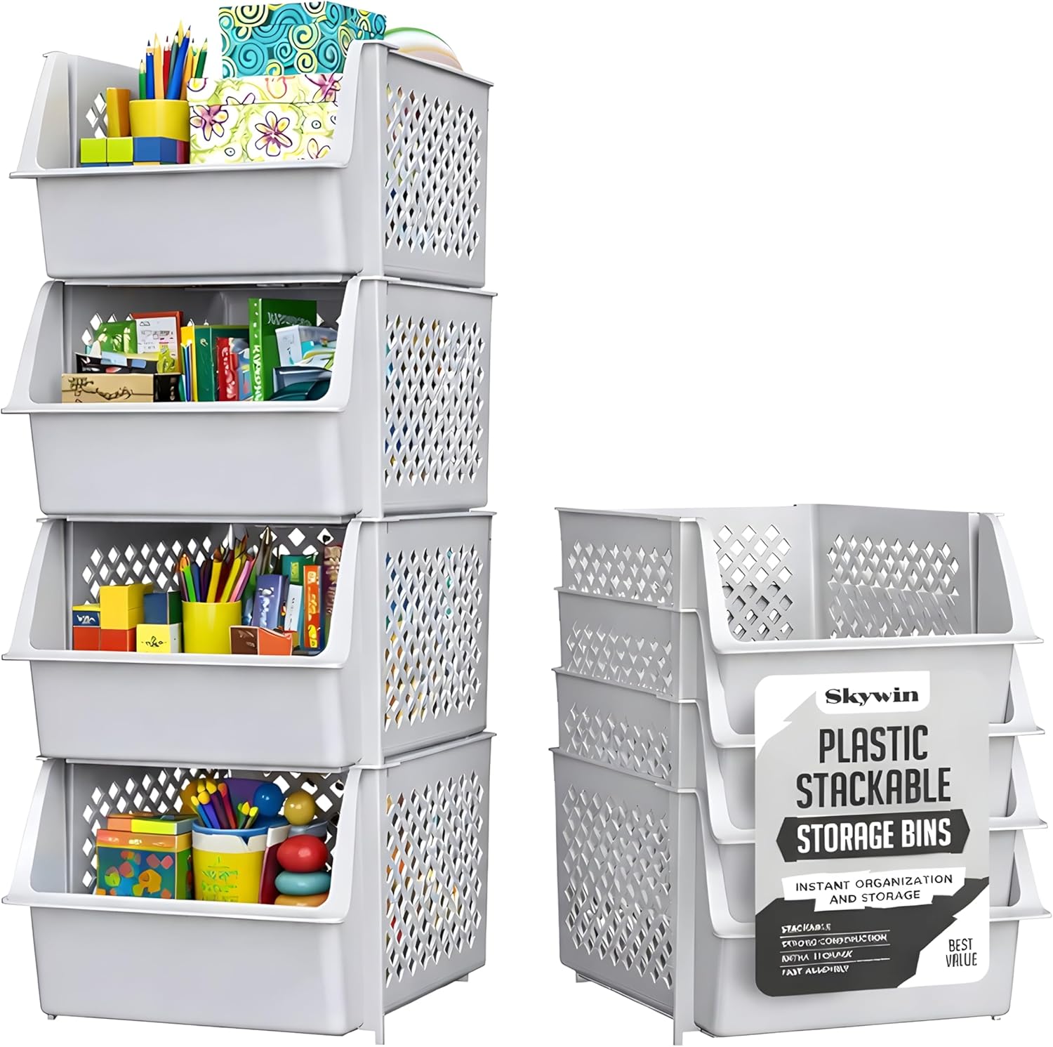 Skywin Stackable Storage Bins Open Front for Pantry Storage, 4 Pack - Black