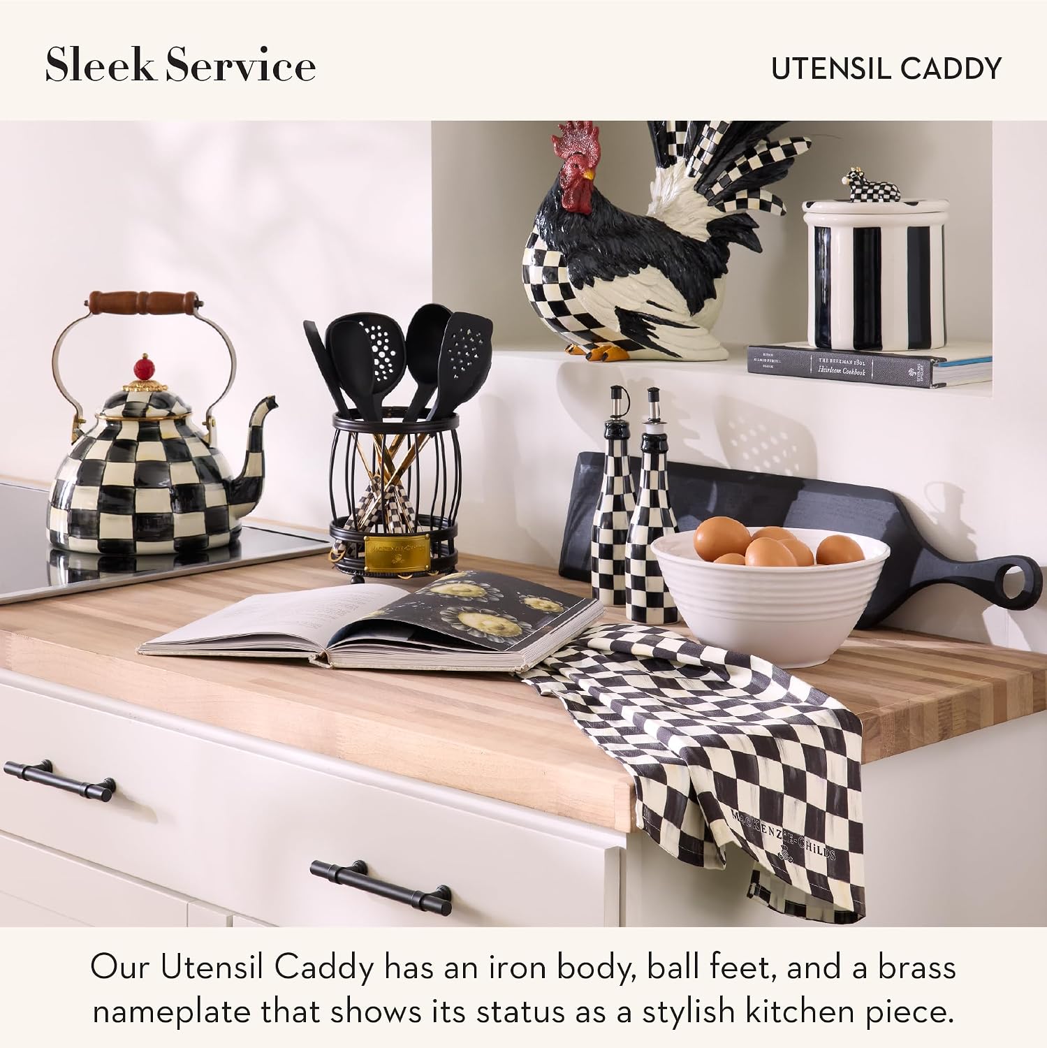 MACKENZIE-CHILDS Utensil Caddy | Sturdy cutlery organizer, made from coated carbon steel with brass logo plate, 6" dia. x 7" H