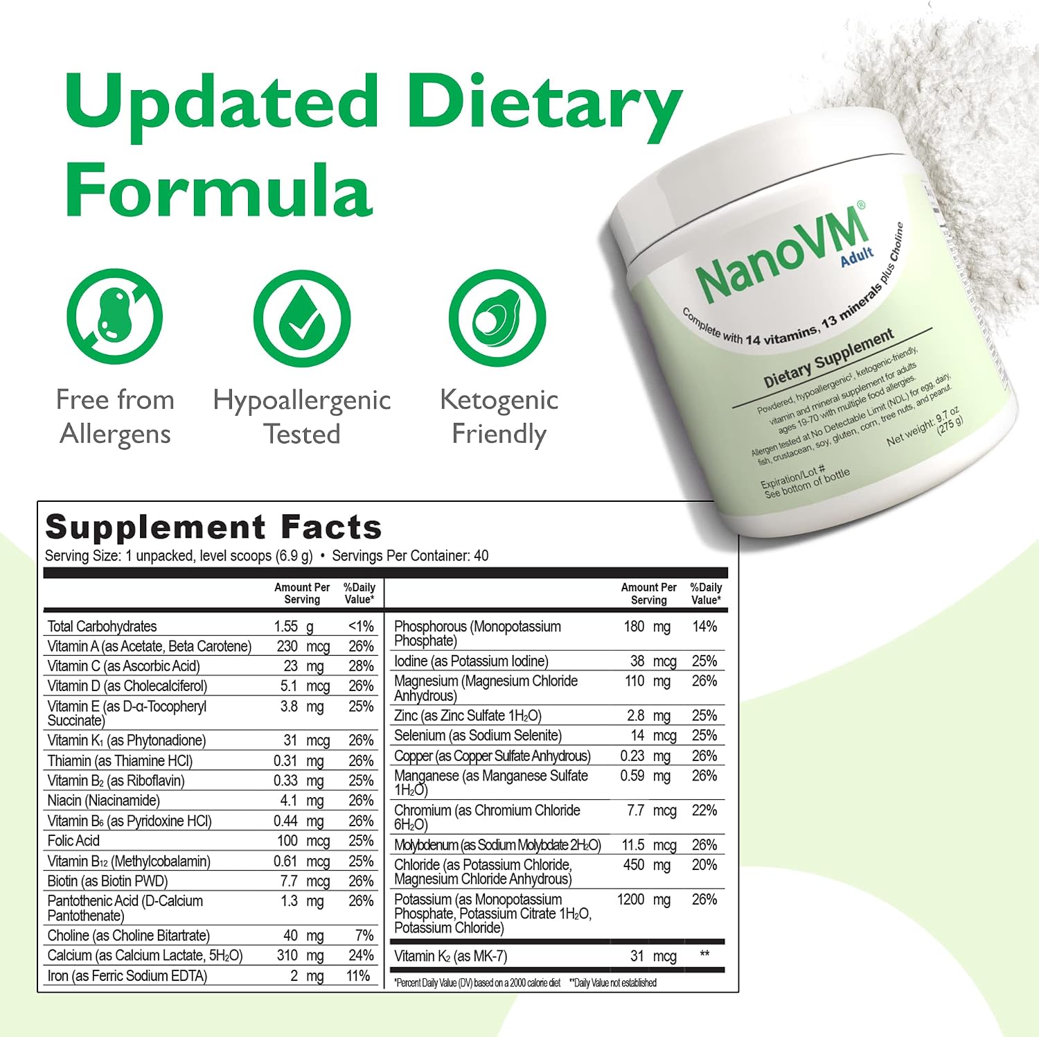 1-3 Years, Allergen-Free Multivitamin for Kids, Unflavored Dietary Supplement, Powdered Supplement with 14 Vitamins & 13 Minerals, Low-Carbohydrate Toddler Vitamins, 275g - Solace Nutrition