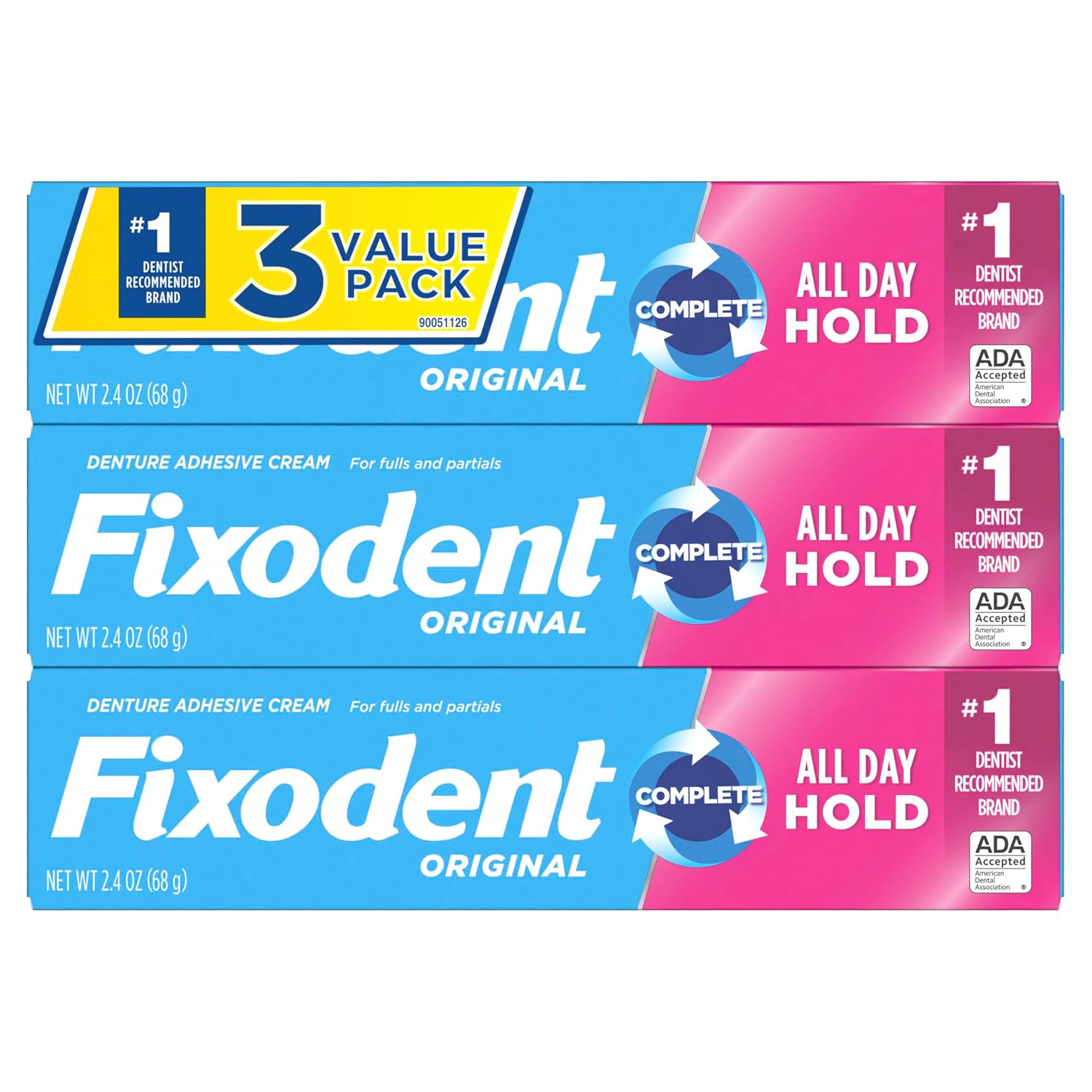 Fixodent Complete Denture Adhesive Cream, Original, 2.4 oz (3-Pack) – Strong False Teeth Glue, Secure Dental Adhesive for Full and Partial Plates