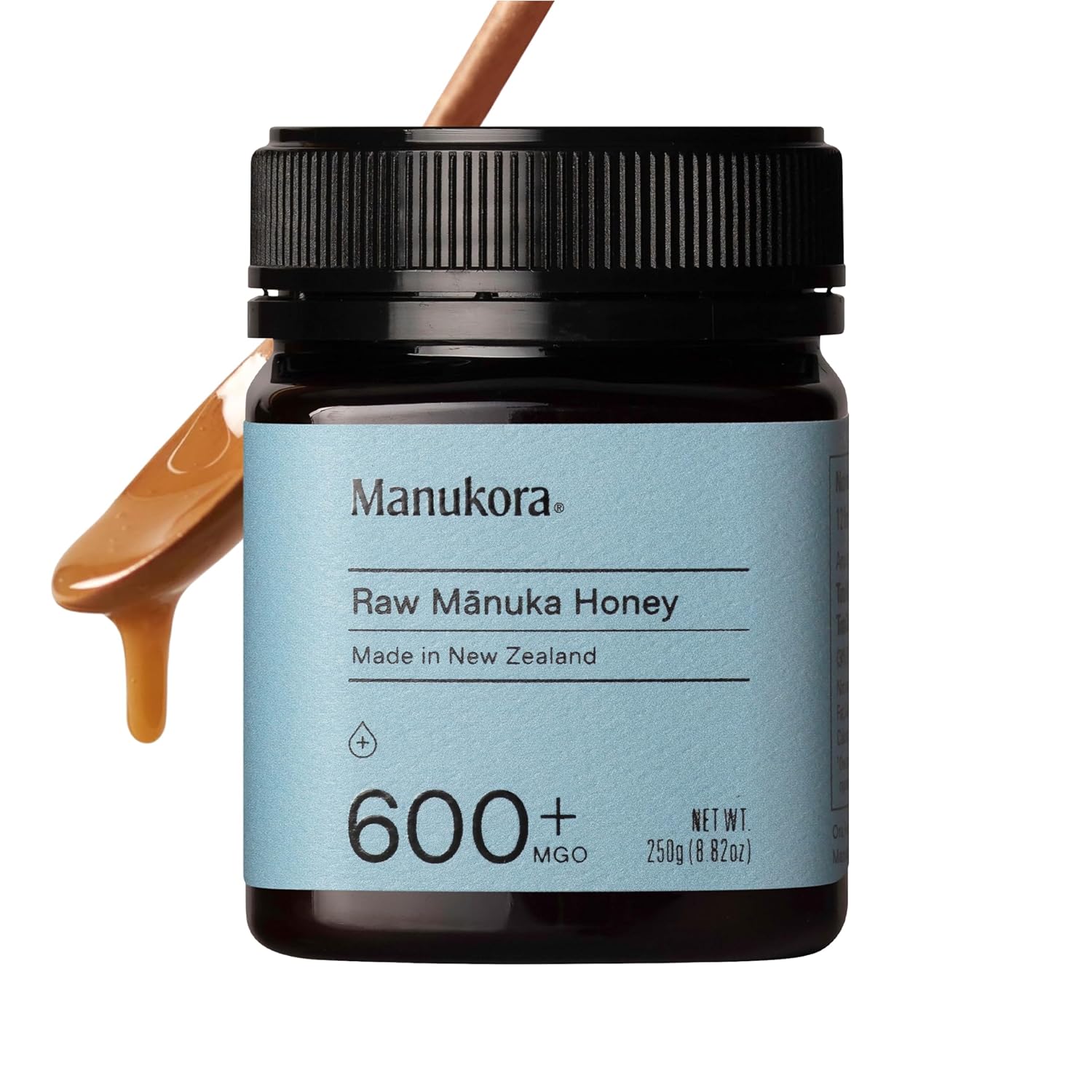 Manukora Raw Manuka Honey MGO 600+ New Zealand Non-GMO Immune Support 250g | B-Corp Certified, monofloral, 3rd party tested, glyphosate residue-free, traceable hive-to-hand, now in glass