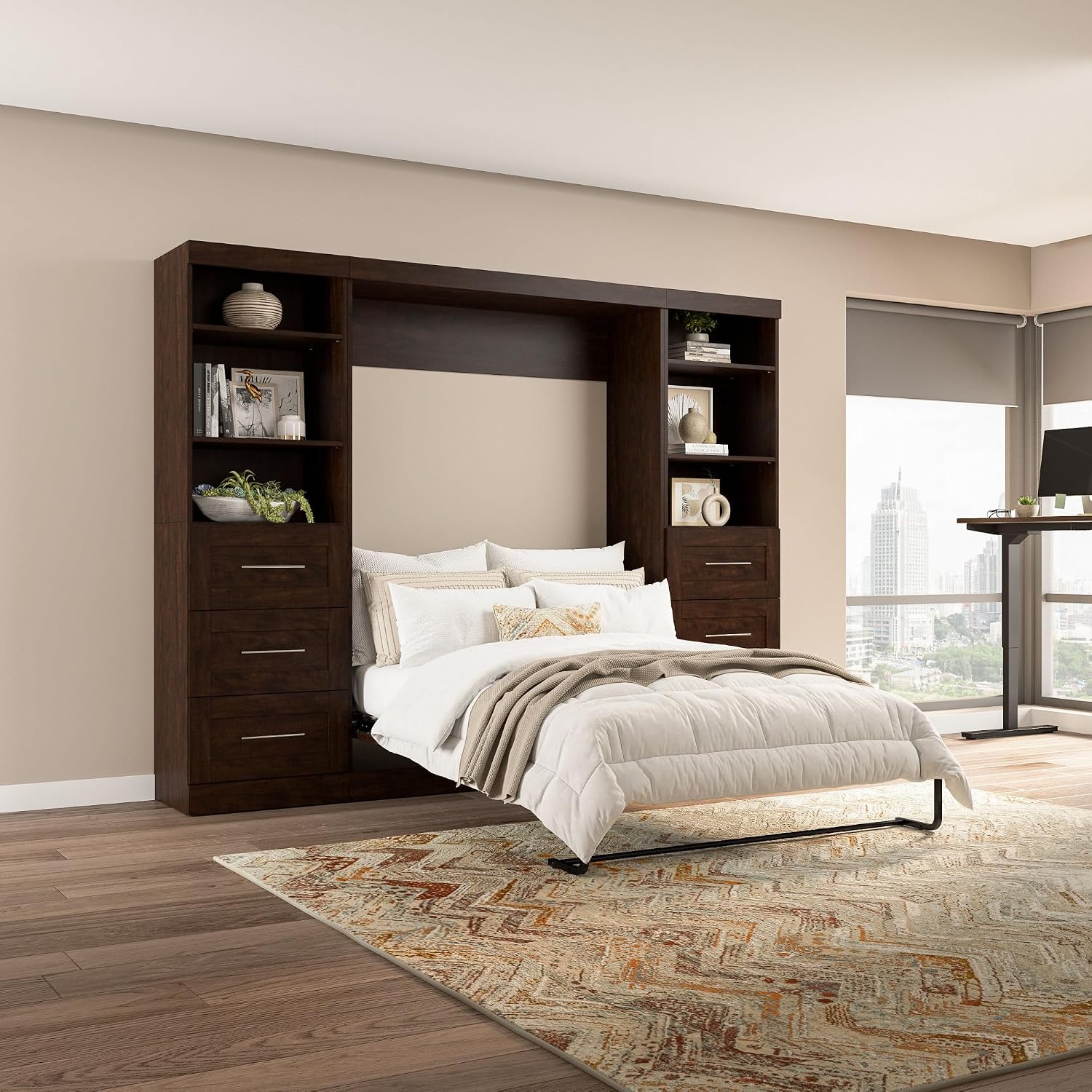 Bestar Pur Full Murphy Bed and 2 Shelving Units with Drawers, 109-inch Space-Saving Sleeping Arrangement in White | 2 Shelving Units with Drawers; supports up to 1000 lb; min. ceiling height 86.4 in.; dual piston mechanism; 10-year warranty
