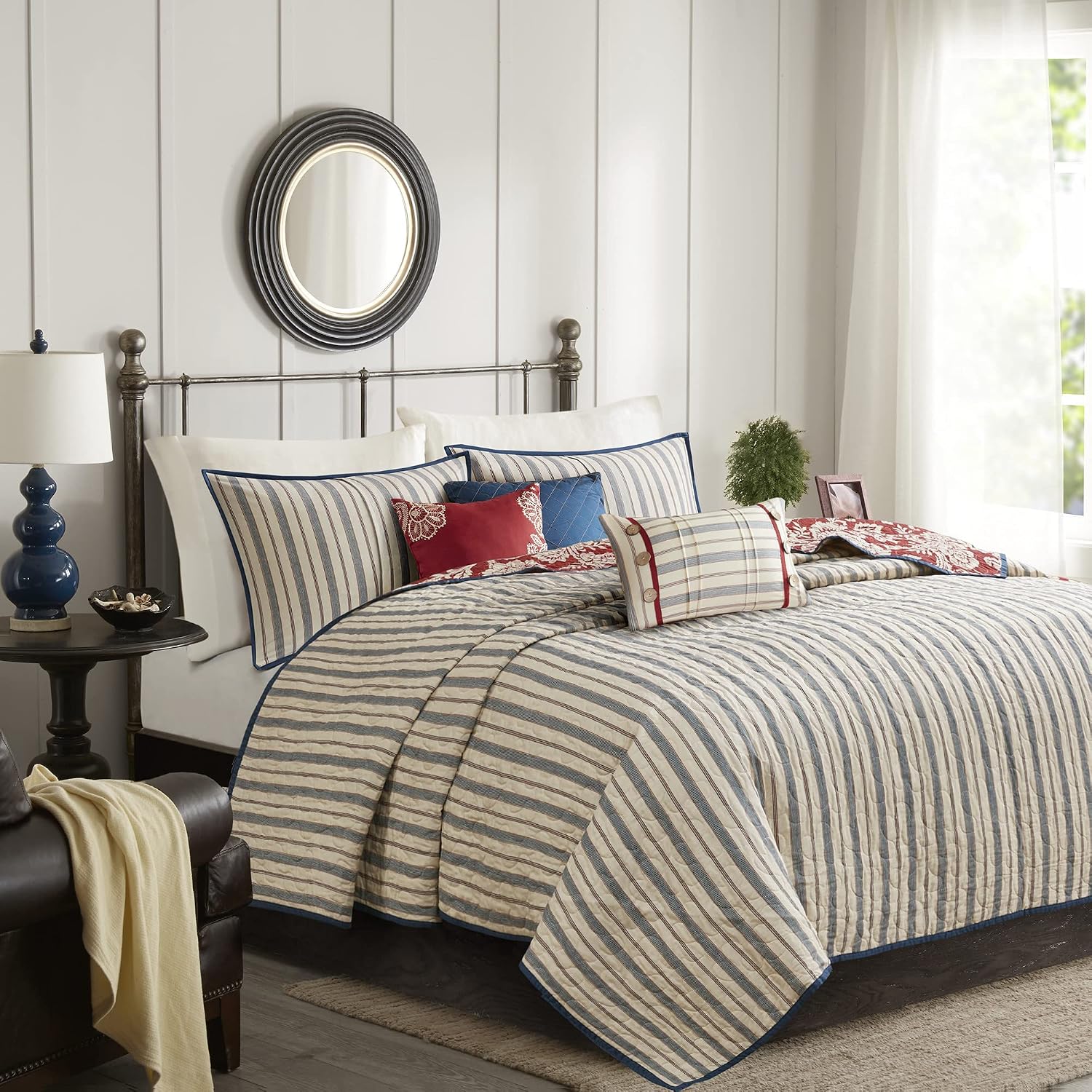 Madison Park Cotton Casual Floral Quilt Set, 6PC Full/Queen Coverlet | Channel Stitching Design, All Season, Lightweight Coverlet Bedspread Bedding, Shams, Decorative Pillows, Taupe Grey/Purple
