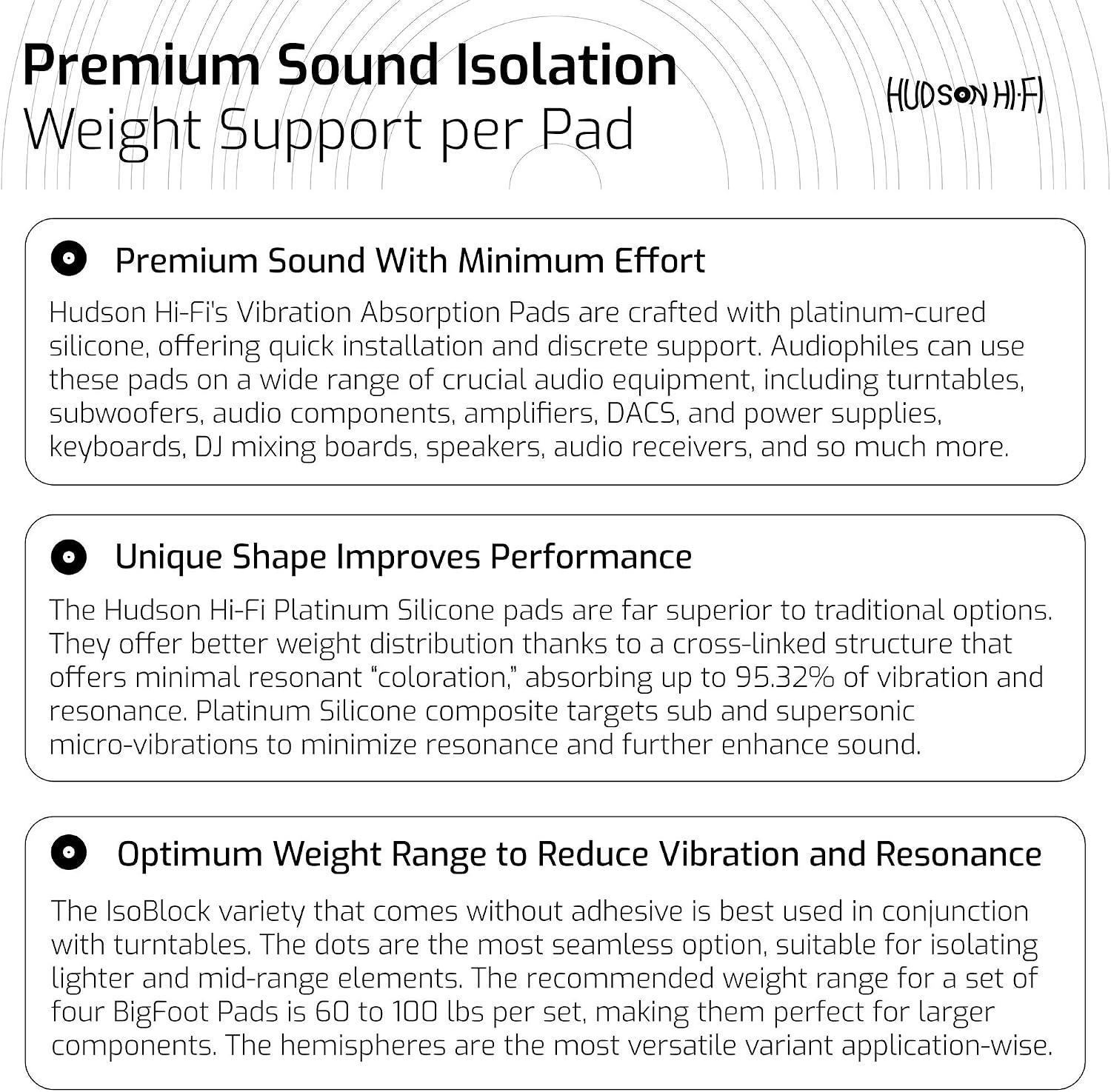 Hudson Hi-Fi Speaker Isolation Feet (4-Pack, 1") – Adhesive Silicone Anti-Vibration Pads for Speakers, Turntables, Subwoofers & Amplifiers, Supports 5-18 lbs Per Pad