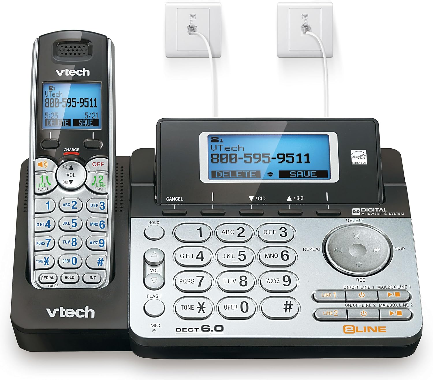 VTech DS6101 Accessory Handset for DS6151 Series, Black/Silver | 2-Line Cordless Phone, Answering System, Expandable up to 12 Handsets, Intercom & Conference