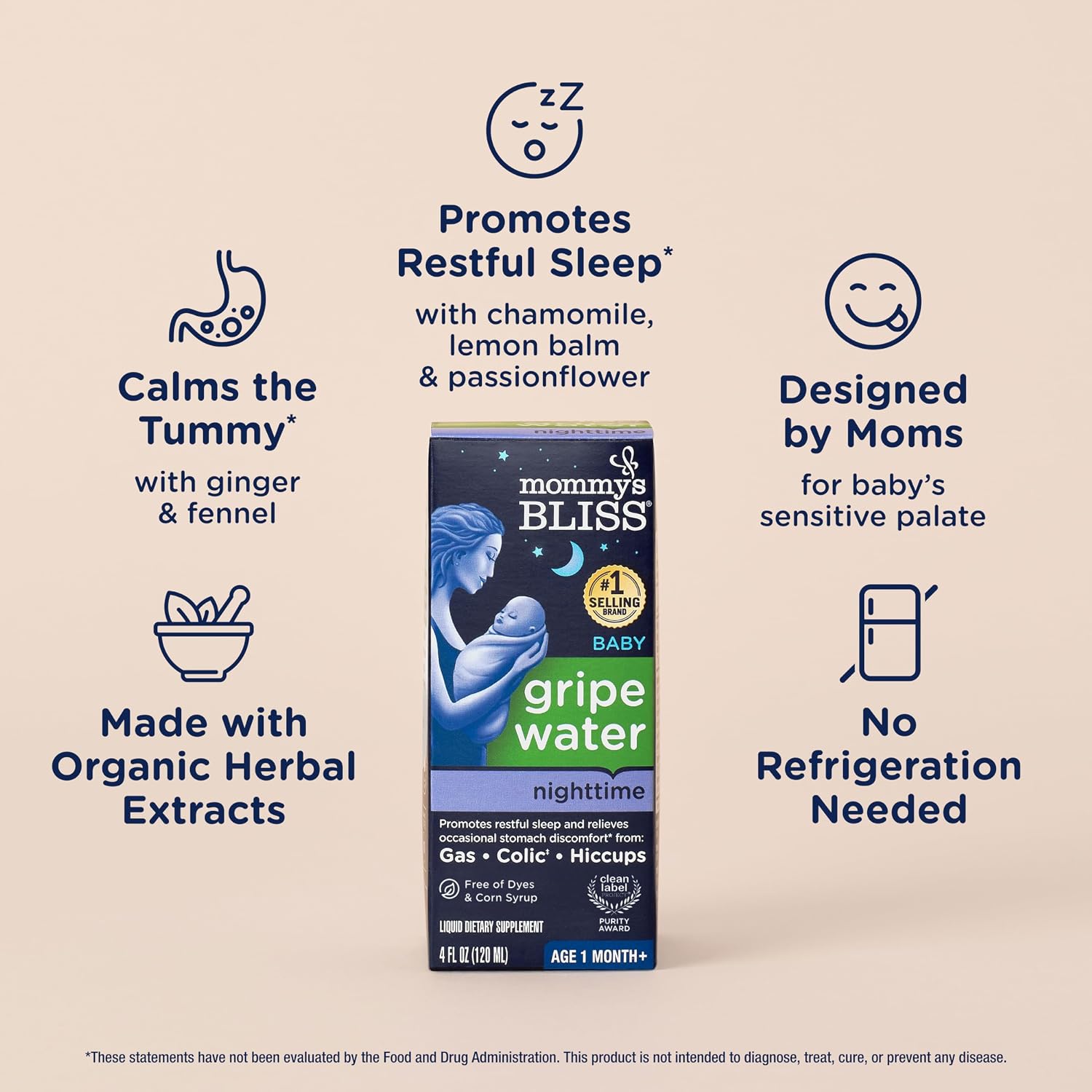 Mommy's Bliss, Bottle, Mommy's Bliss Night Time Gripe Water for Baby's Tummy Trouble - Relieves Occasional Infant Stomach Discomfort from Gas, Colic