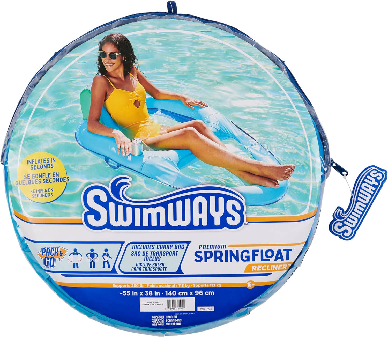 SwimWays Spring Float Recliner Chair for Swimming Pool, Inflatable Pool Floats Adult with Fast Inflation, Cup Holder & Foot Rest for Ages 15 & Up