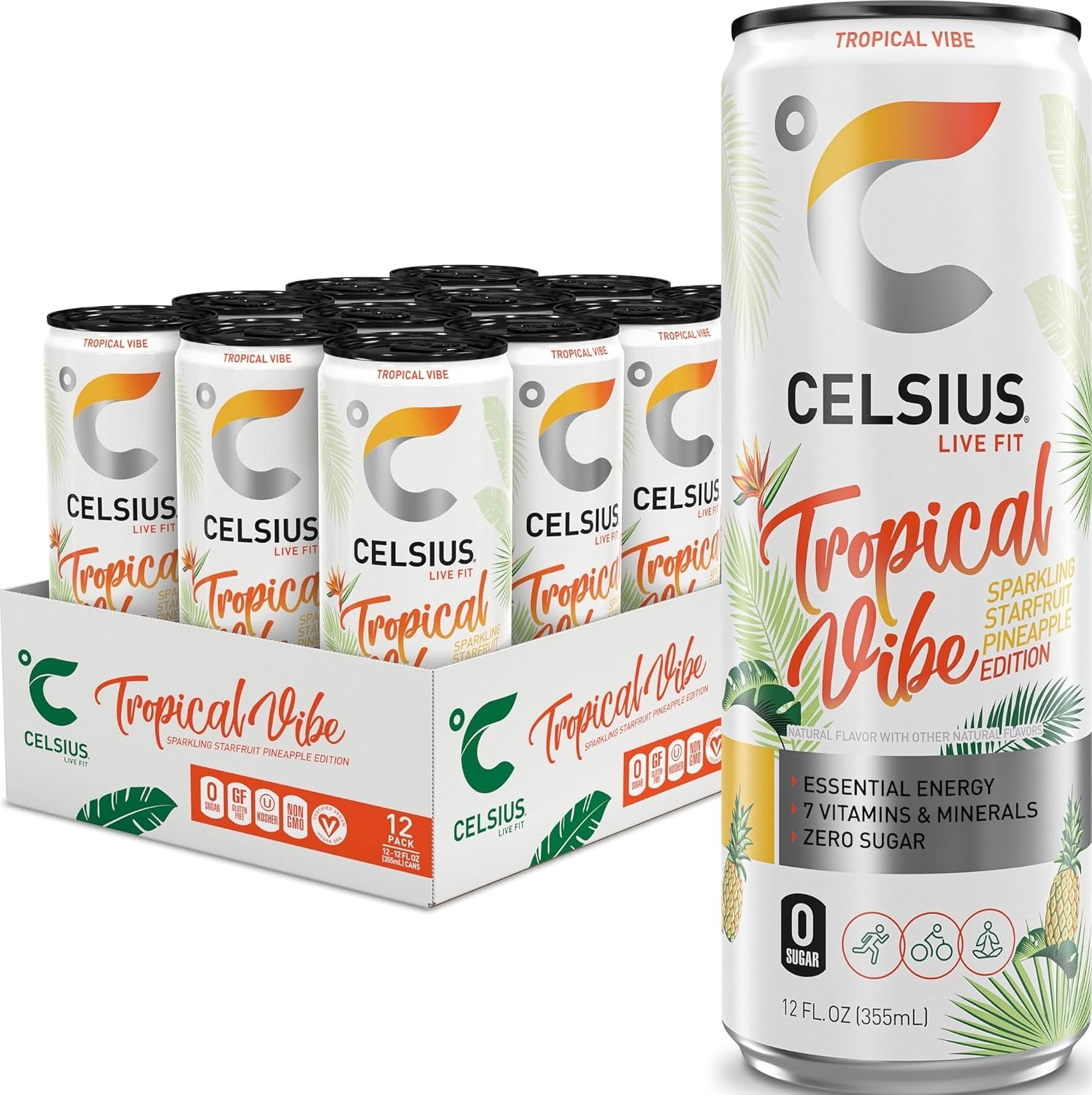 CELSIUS PEACH VIBE Sparkling White Peach, Sugar Free Energy Drink, 12 Fl Oz (Pack of 12)