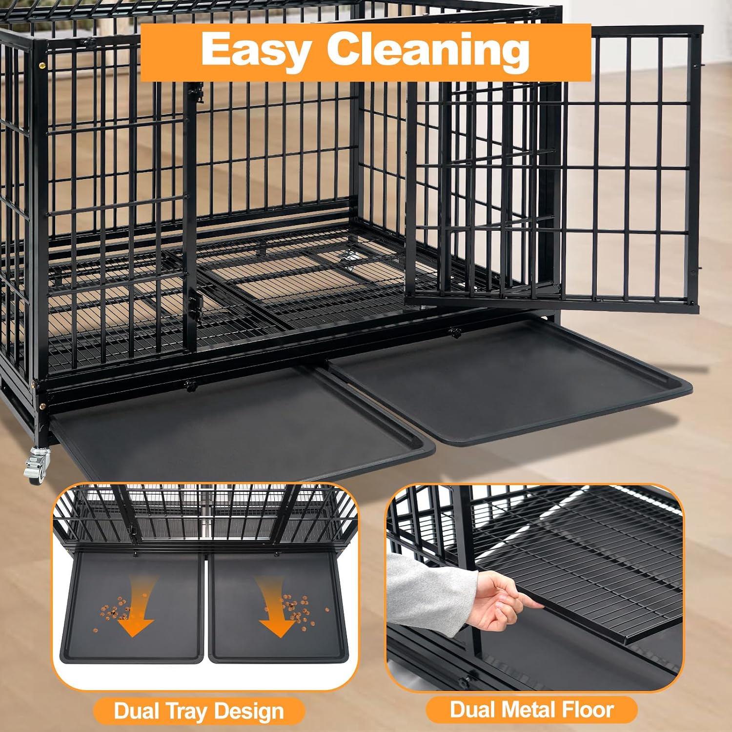 Homey Pet Taller 43" Heavy Duty Double Dog Crates with Divider & Dual Door | Drop Cage for Dogs with Lockable Wheels, Bowls, Removable Tray, Top Access, Ideal for Small to Medium & Large Dogs, Breeders
