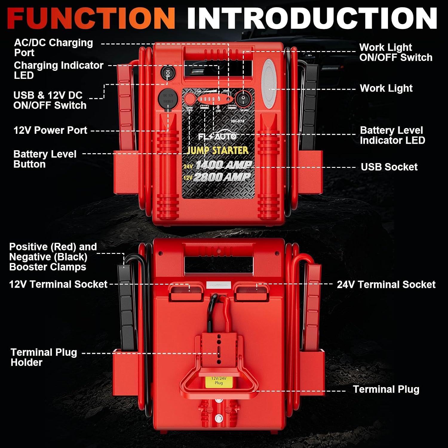 2800A/1400A Heavy Duty 12V/24V Car Jump Starter & Battery Booster – Jumper Pack, Lead-Acid Emergency Power for Cars, Trucks, SUVs, Boats