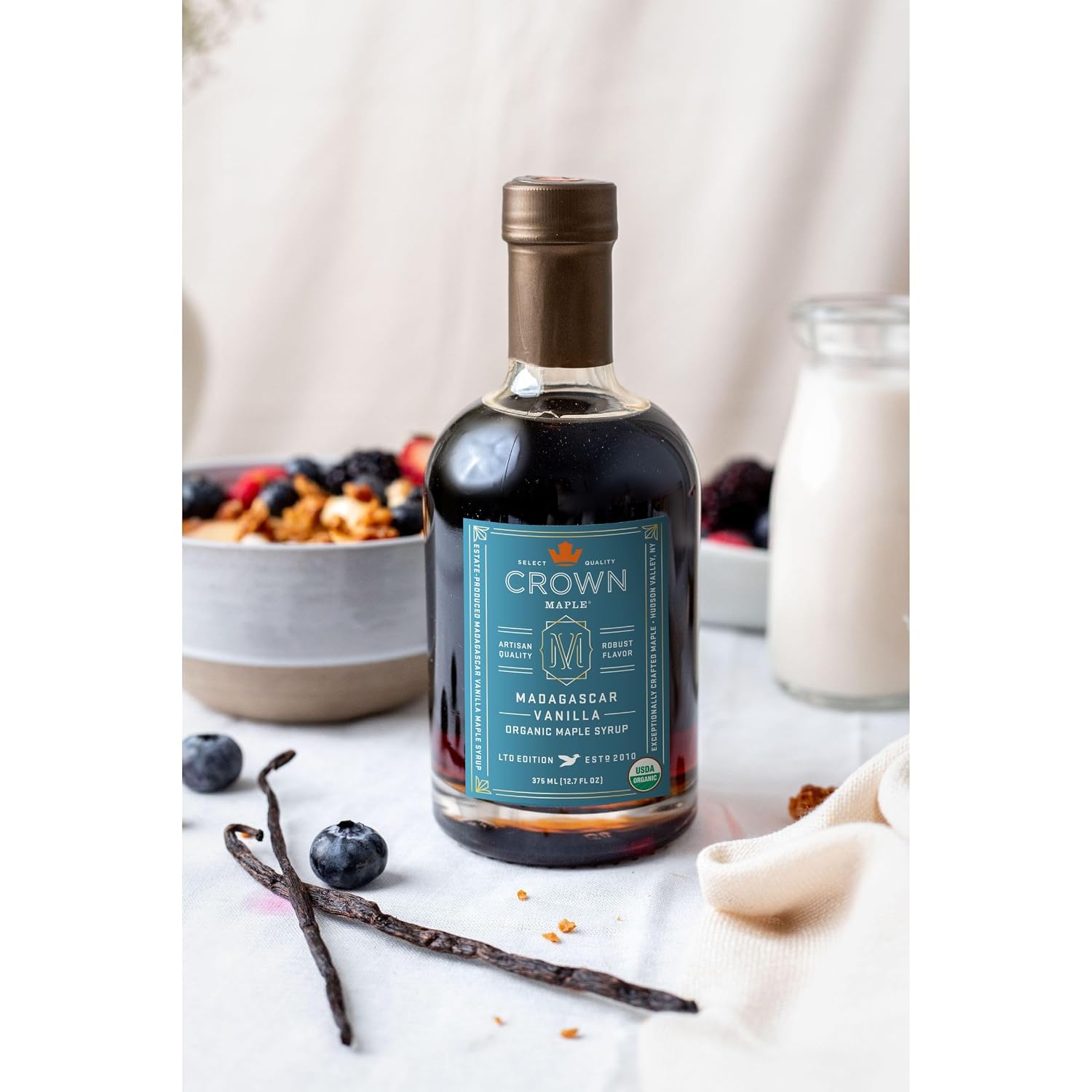 Crown Maple Organic Madagascar Vanilla Maple Syrup, Real Vanilla Bean, Pancakes, Baking, Cocktails & Brunch, 12.7 Fl Oz