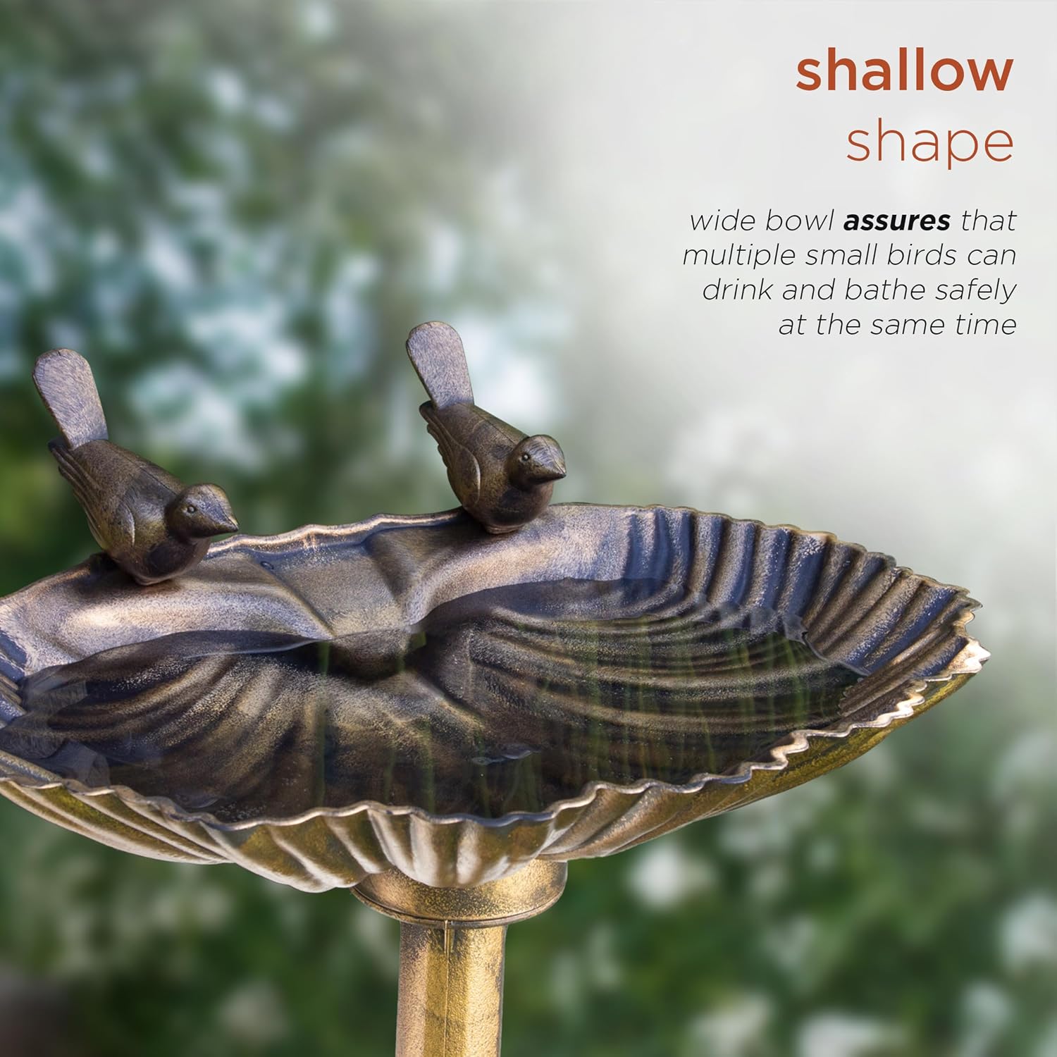 Alpine Corporation | 31" Tall Outdoor Birdbath with 2 Bird Figurines — Shallow and Wide Bird Feeder, Bronze Garden Accent