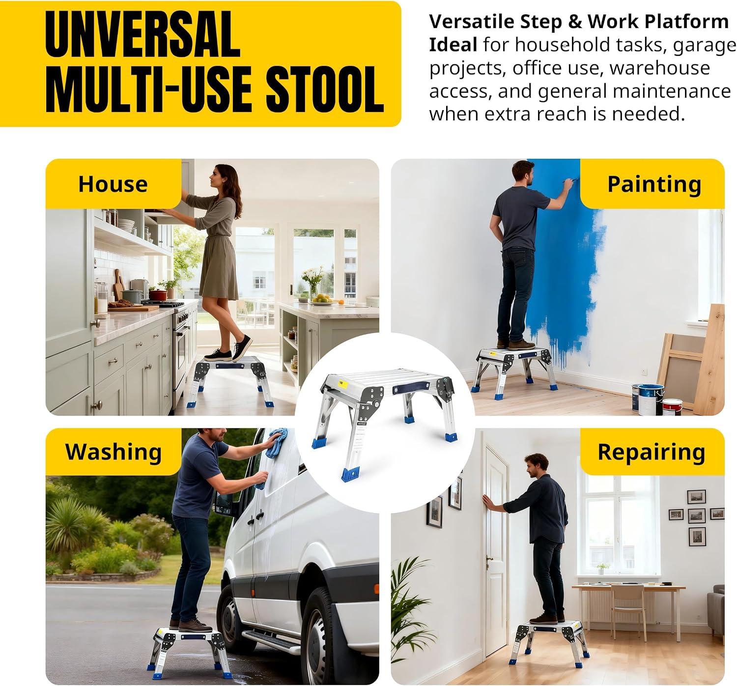 MaxWorks Folding Aluminum Work Platform and Step Stool 350 lb Capacity Lightweight Portable Step with Carry Handle for Garage Home and Jobsite Use