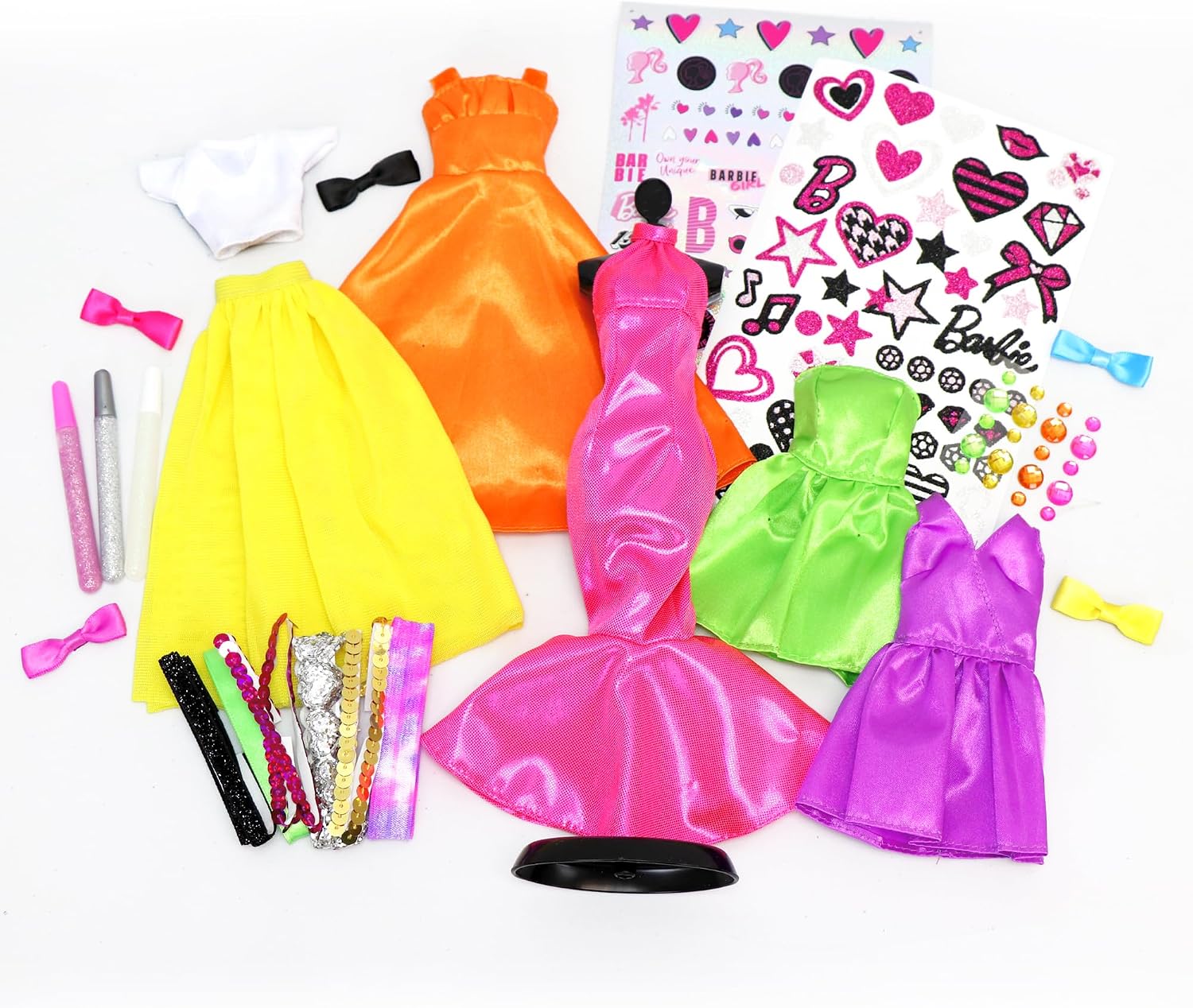Barbie Be a Fashion Designer Kit - 5 Outfits & DIY Doll Dress Up Set | Create custom styles with glitter, ribbons