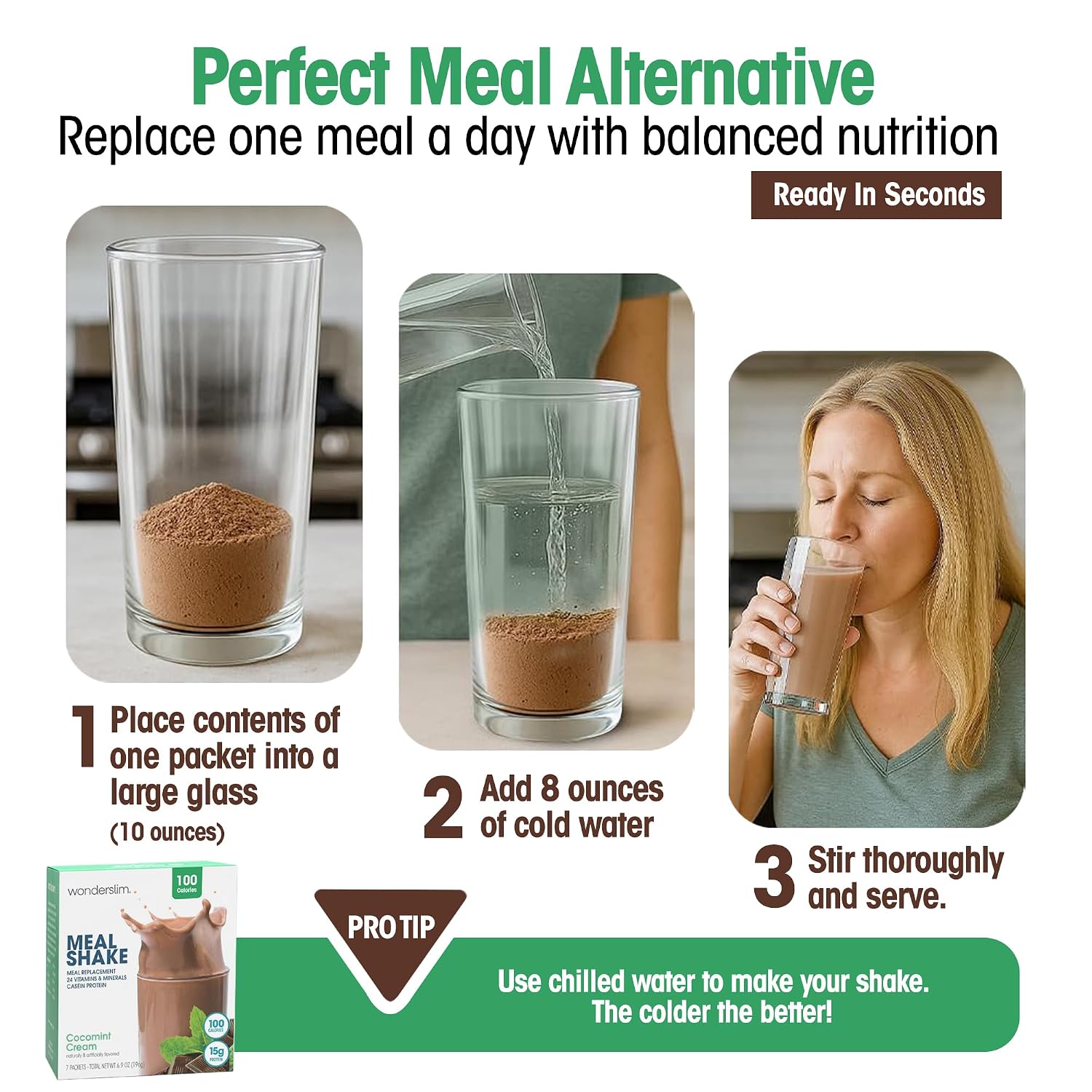 WonderSlim Protein Meal Replacement Shake – 15g Protein, 24 Vitamins & Minerals, Low Carb, Low Calorie, Gluten Free – Meal Replacement Drink for Weight Management, 7 Count Packets (Dark Cocoa Cream)