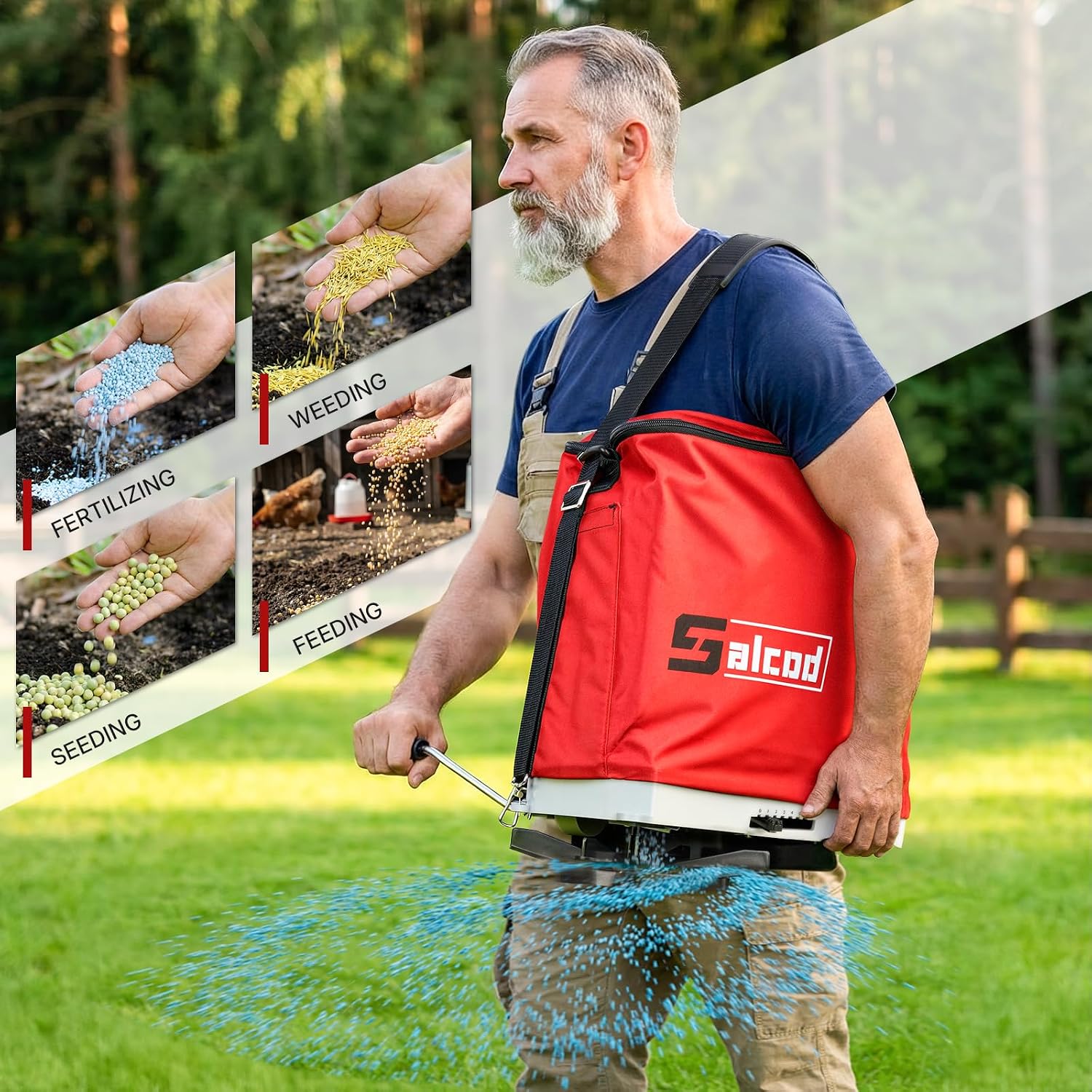 Salcod 25 lb Bag Seed Spreader, Handheld Broadcast Fertilizer Spreader, Red | Waterproof Bag, Enclosed Gears, Rear Baffle, Adjustable Shoulder Strap