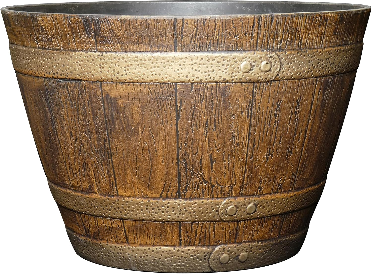 Whiskey Barrel Planter, Wooden Finish Garden Pot, 15” Oak Brown | Stylish Resin Flower Plant Pots, Indoor & Outdoor Planter, Weather-Resistant