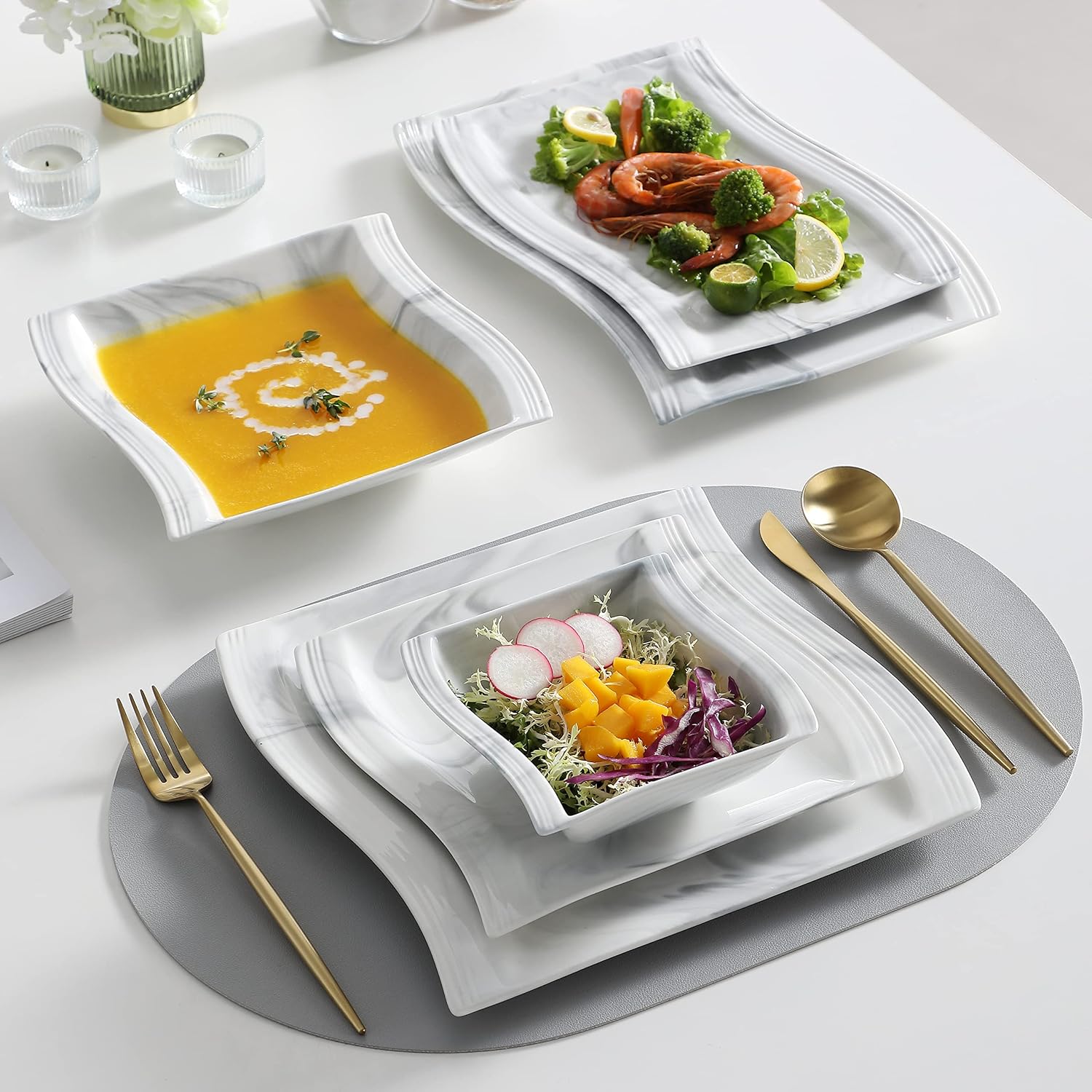 MALACASA Plates and Bowls Sets, 26 Pieces Ivory White Porcelain Dinnerware Sets without Mugs, Square Dinnerware with Dinner Plates, Bowls and Serving Platters, Modern Dish Set for 6, Series Flora