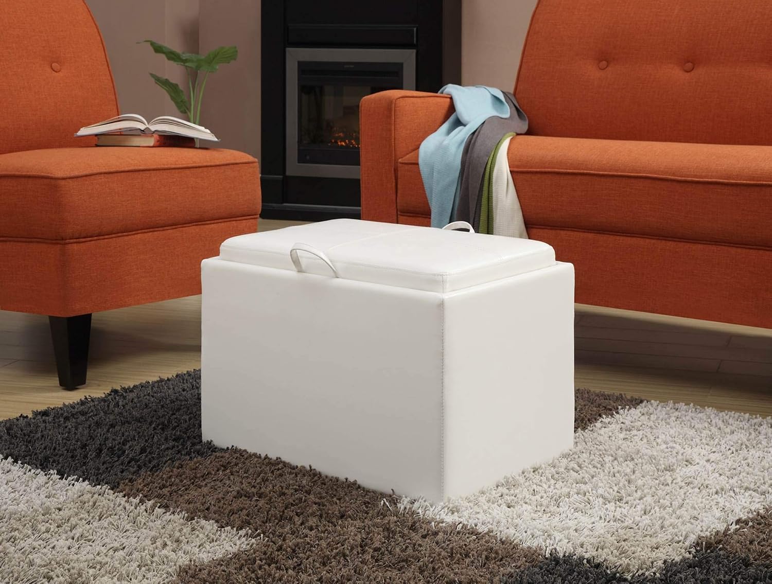 Convenience Concepts Designs4Comfort Accent Storage Ottoman 22.75" - Modern Foot Stool with Decorative Tray for Living Room, Dining Room, Office, Blue Faux Leather