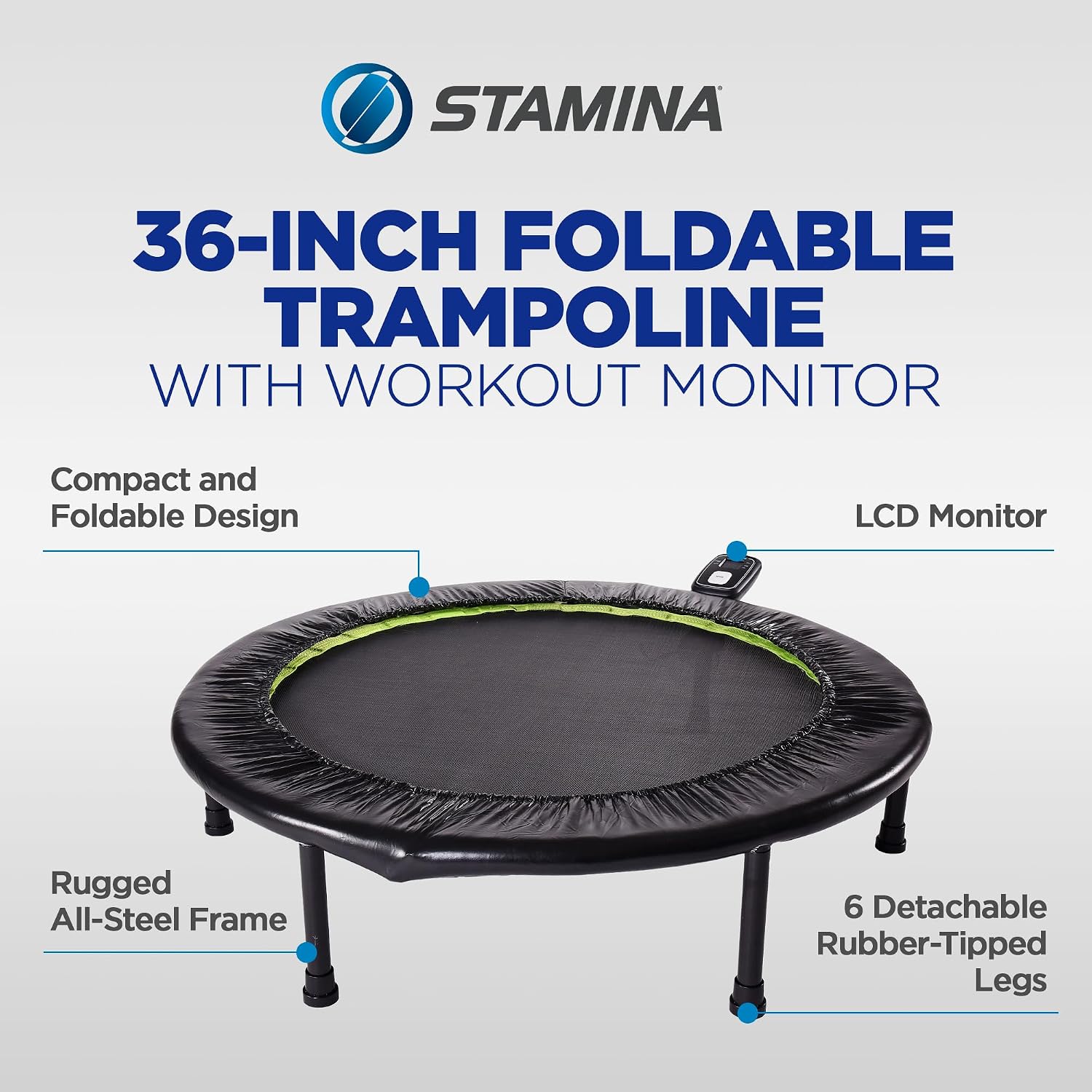 Stamina 36" Foldable Mini Trampoline Rebounder for Adults with Smart Workout App, Black - Portable Fitness Equipment for Home Gym, Cardio and Jumping Training Exercise