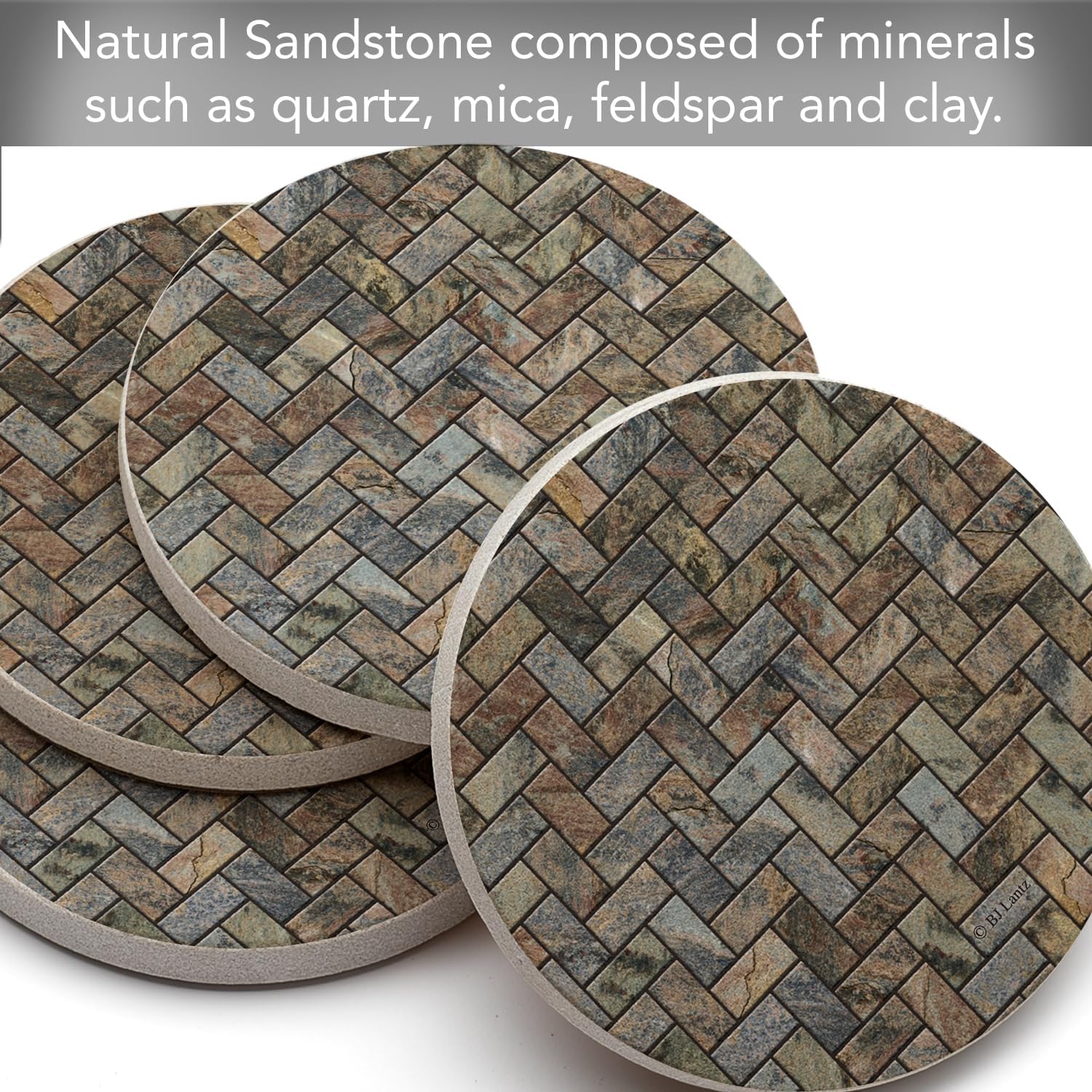 Thirstystone Herringbone Pattern Natural Sandstone Coaster 4 Pack | Eco-Friendly, Absorbent, Easily Wipes Clean