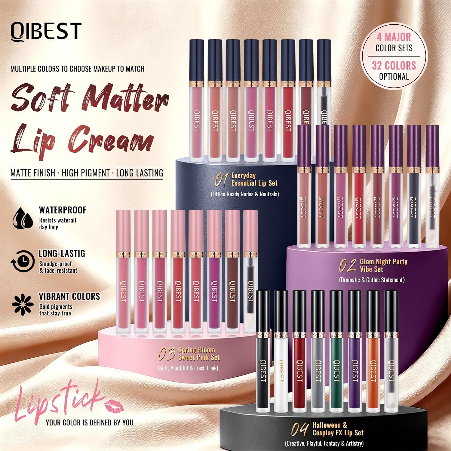 QiBest 7Pcs Matte Liquid Lipstick + 1Pcs Lip Plumper Makeup Set Kit, Pigmented Long Lasting Lip Gloss Set