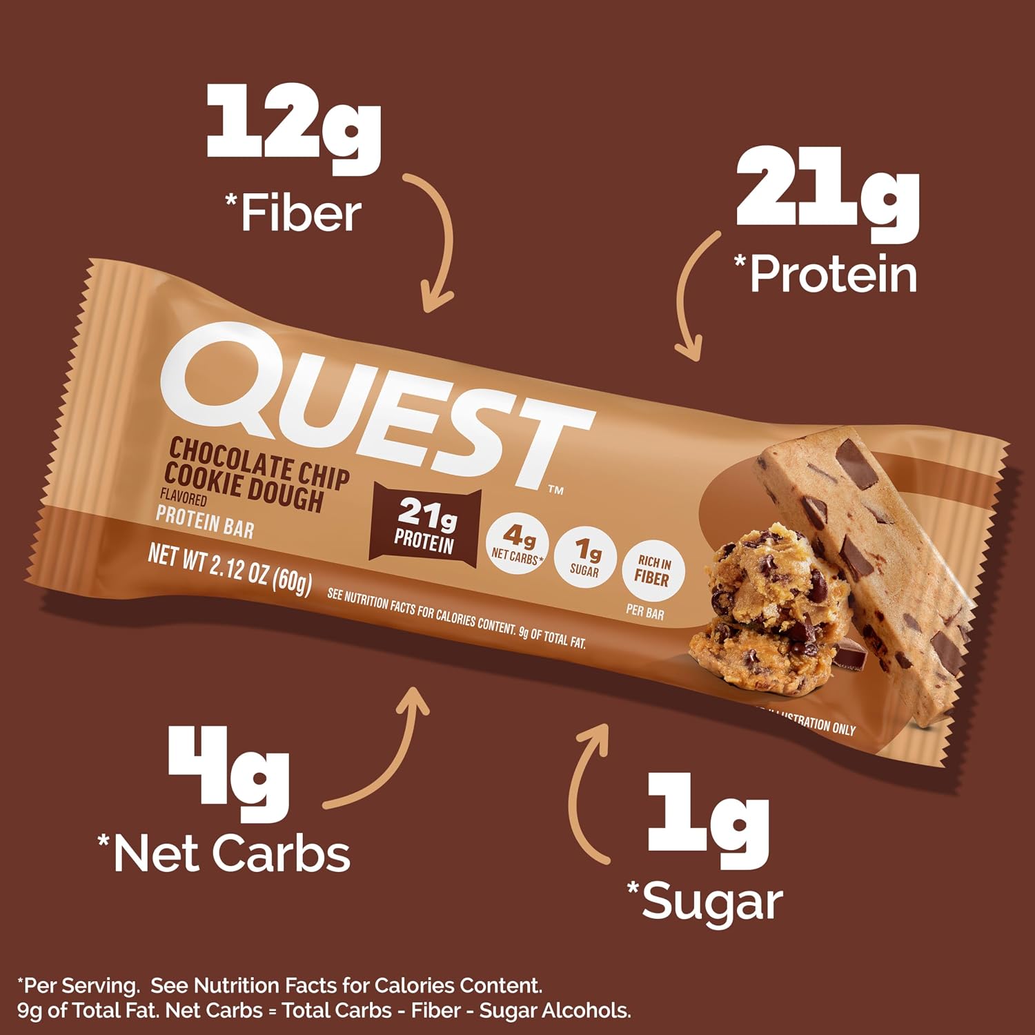 Quest Nutrition Oatmeal Chocolate Chip Protein Bars, 20g Protein, 12 Count | 12g Fiber, 5g Net Carbs, 1g Sugar, Gluten Free, High Quality Protein, Soft and Chewy, Individually Wrapped 2.12oz Bars