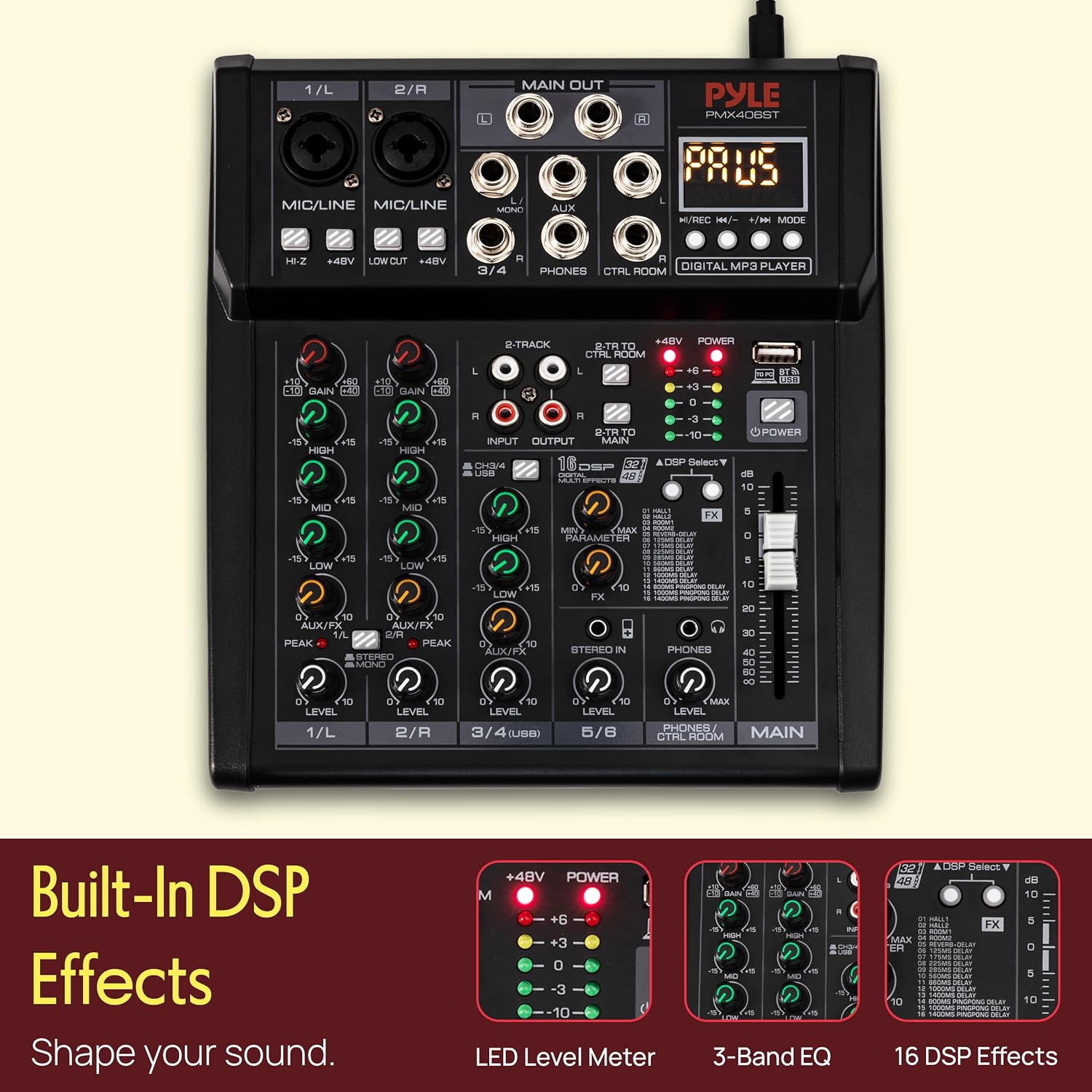 Pyle Professional Wireless DJ Audio Mixer - 4 Channel Bluetooth Controller Sound Mixer, USB Audio Interface