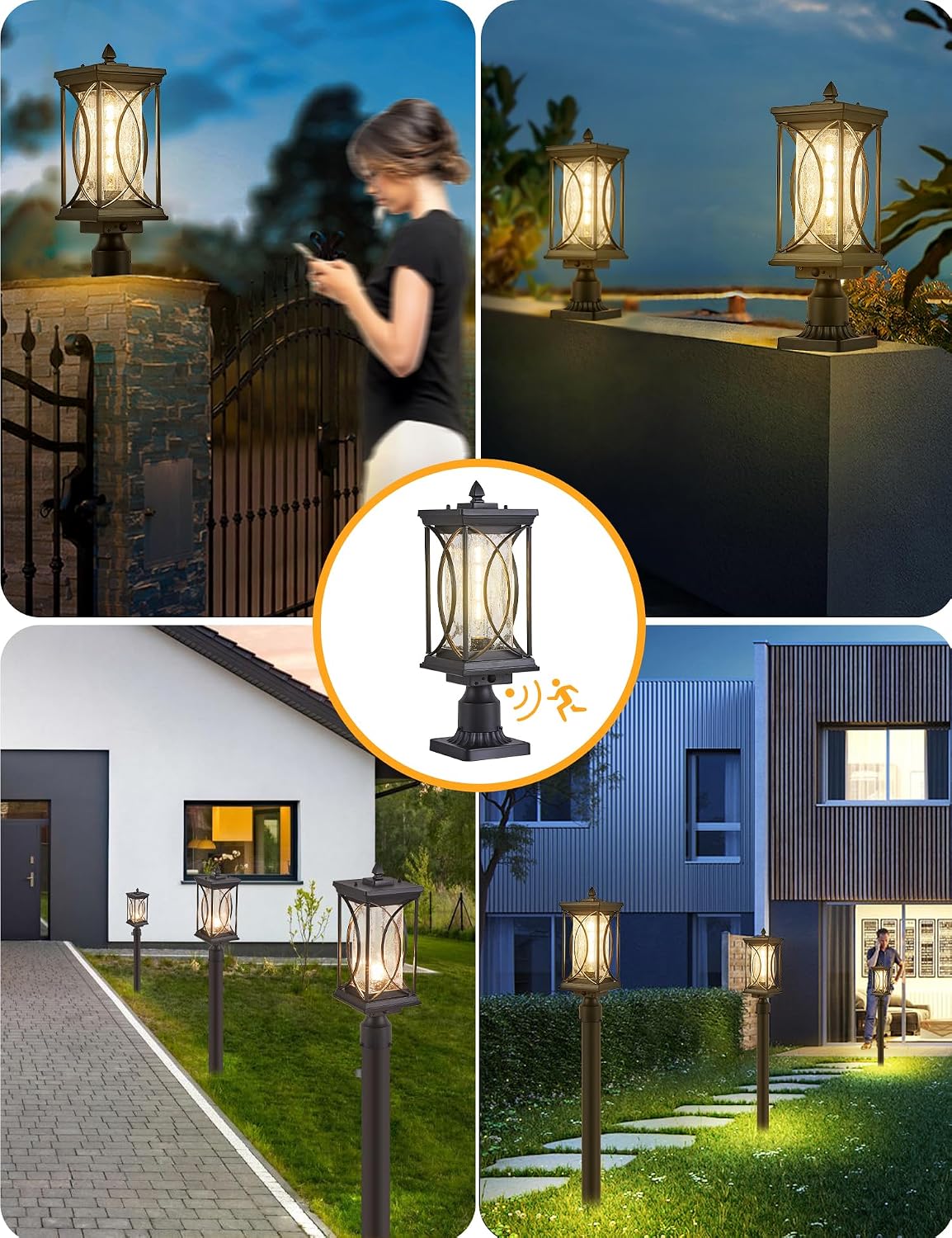 Dusk to Dawn Modern Outdoor Coach Lantern Exterior Light Fixtures Black Aluminum with Crack-Like Glass Waterproof Wall Sconce Mission Outside Light