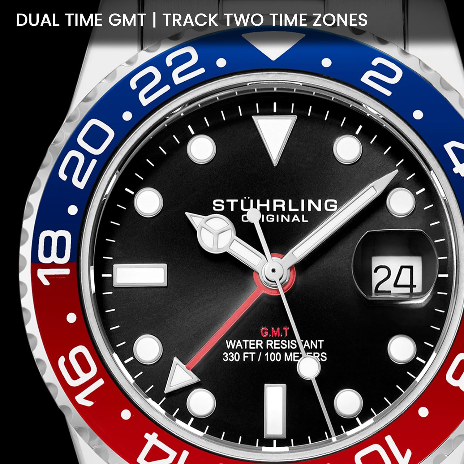 Stuhrling Original Men's Stainless Steel GMT Watch Quartz - 42mm Quartz Analog Wrist Watch for Men, Mens Quartz Watch, Stainless Steel Case