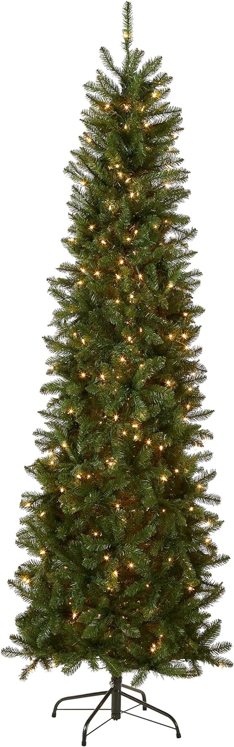 National Tree Company 7.5 ft Pre-Lit Kingswood Fir Slim Artificial Christmas Tree, 350 Warm White LED Lights, 1, 075 Tips, Includes Stand