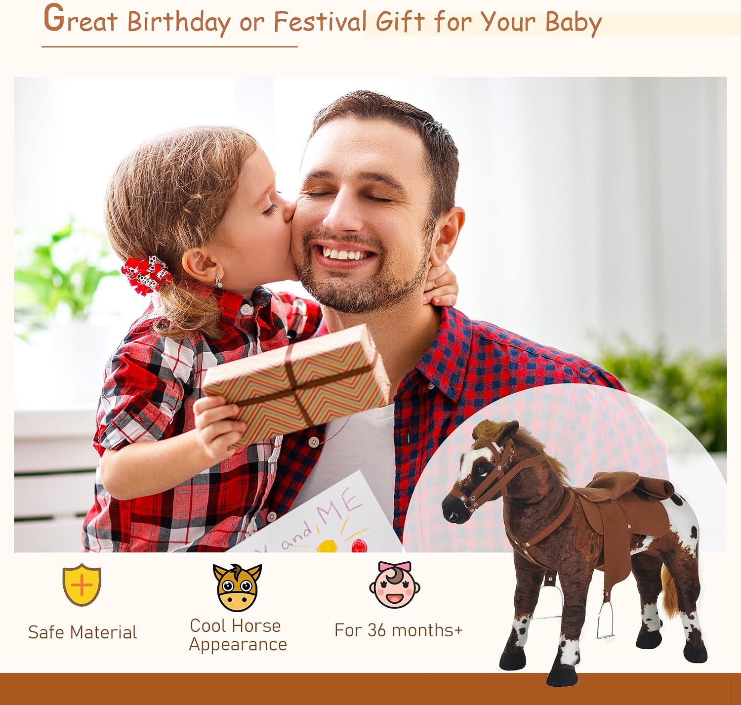 Qaba Sound-Making Ride On Horse for Toddlers 3-5 with Padding Brown | Neighing and Galloping Sound, Stuffed Animal Horse Toy for Kids, Soft Feel