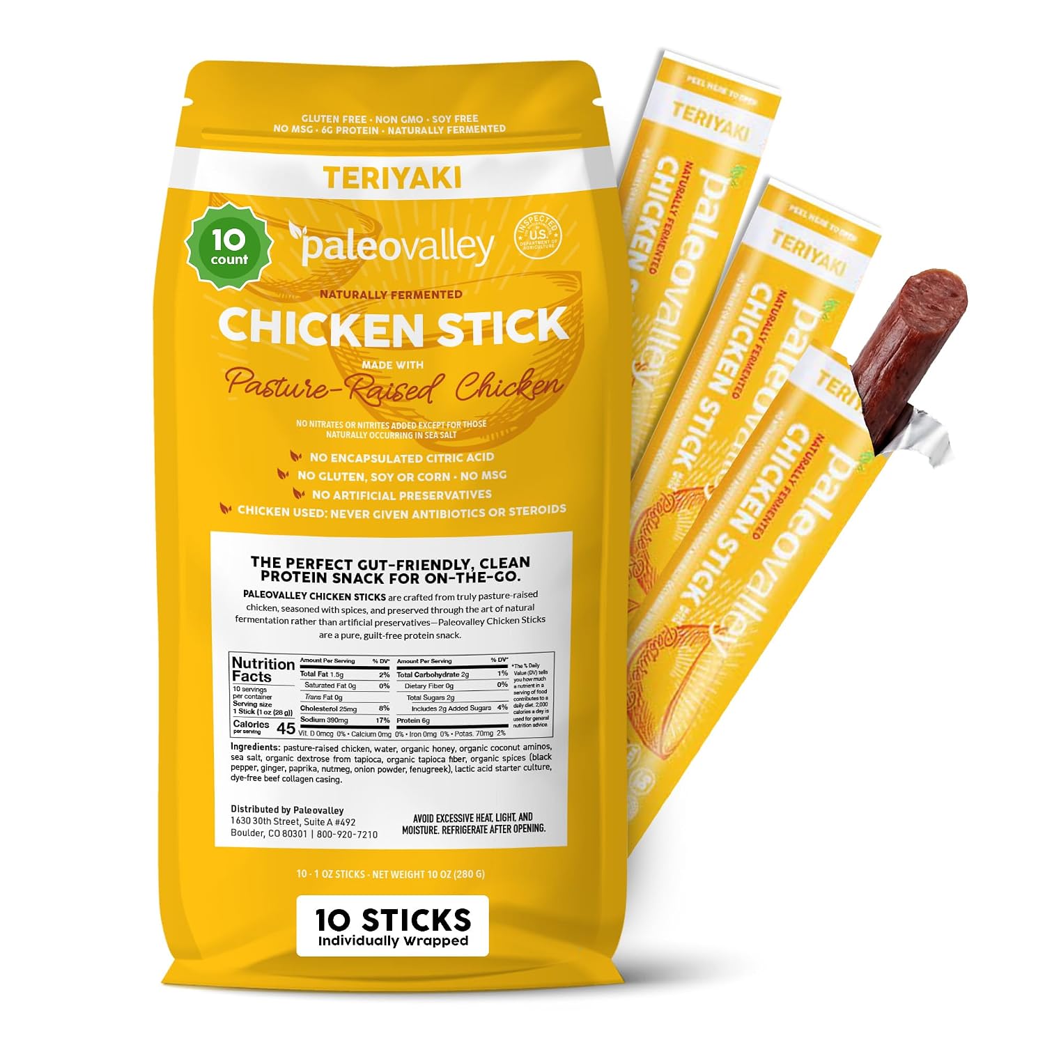 Paleovalley 100% Grass Fed Beef Sticks, Protein Snacks, Original | 10 Count, Individually Wrapped, Naturally Fermented, Gluten Free, Keto and Paleo, Made With Simple Ingredients, 6g Protein
