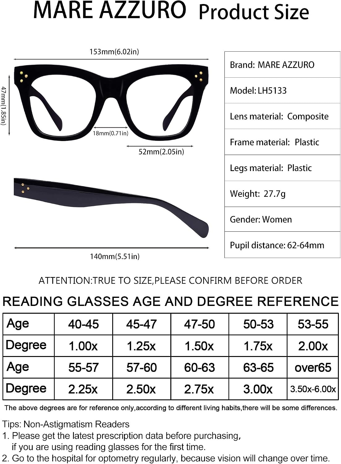 MARE AZZURO Oversized Reading Glasses Women Trendy Large Readers 0 1.0 1.25 1.5 1.75 2.0 2.25 2.5 2.75 3.0 3.5 4.0 5.0 6.0 (Black, 250)