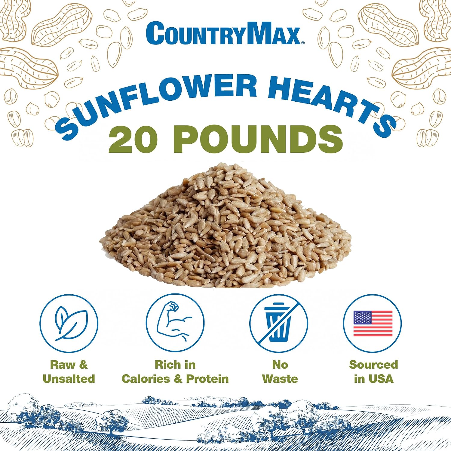 CountryMax Shelled Sunflower Chips 10 lb - No Waste Bird Seed for Outside Feeders, Resealable Bag of Wild Bird Feed | For Smaller Beaks, No Mess, No Waste. High Energy & USA Sourced. For Ground Feeding or Bird Feeders, For Year-Round Feeding