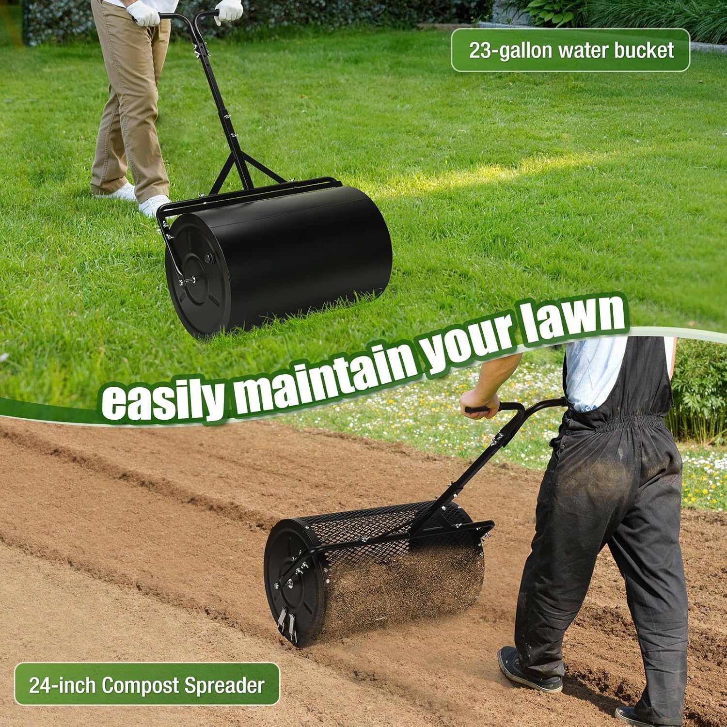 24 Inch Compost Spreader & Lawn Roller, Featuring One Mesh Roller and One 23 Gallon Hollow Roller, Push & Tow Design