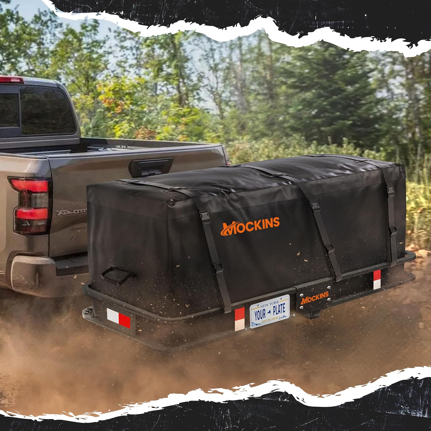 Mockins 500 lb. Capacity Folding Luggage Rack for SUV Car Truck ATV & More | Steel Trailer Hitch Cargo Carrier 60"x20"x6" w/ 16 Cu Ft Waterproof
